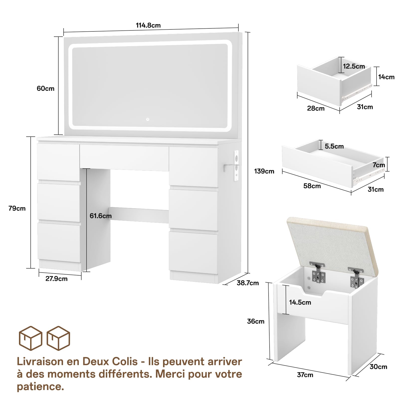 TRIUMPHKEY Coiffeuse avec Grand Miroir LED (115x60cm) et Tabouret Inclus, Table de Maquillage Moderne avec 7 Tiroirs, Station de Recharge et Éclairage Réglable, Meuble de Chambre à Coucher (Blanc)