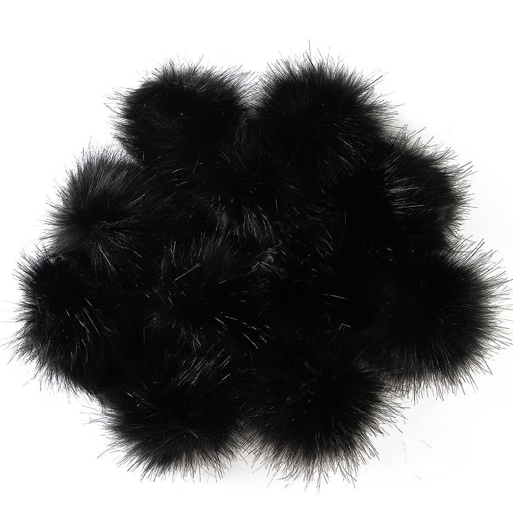 12 Pieces Faux Fur Pom Pom Balls Fur Fluffy Pompom Ball with Elastic Loop for Hats Shoes Scarves Gloves Scarves Bag Key Chain Charms Accessories (Black)
