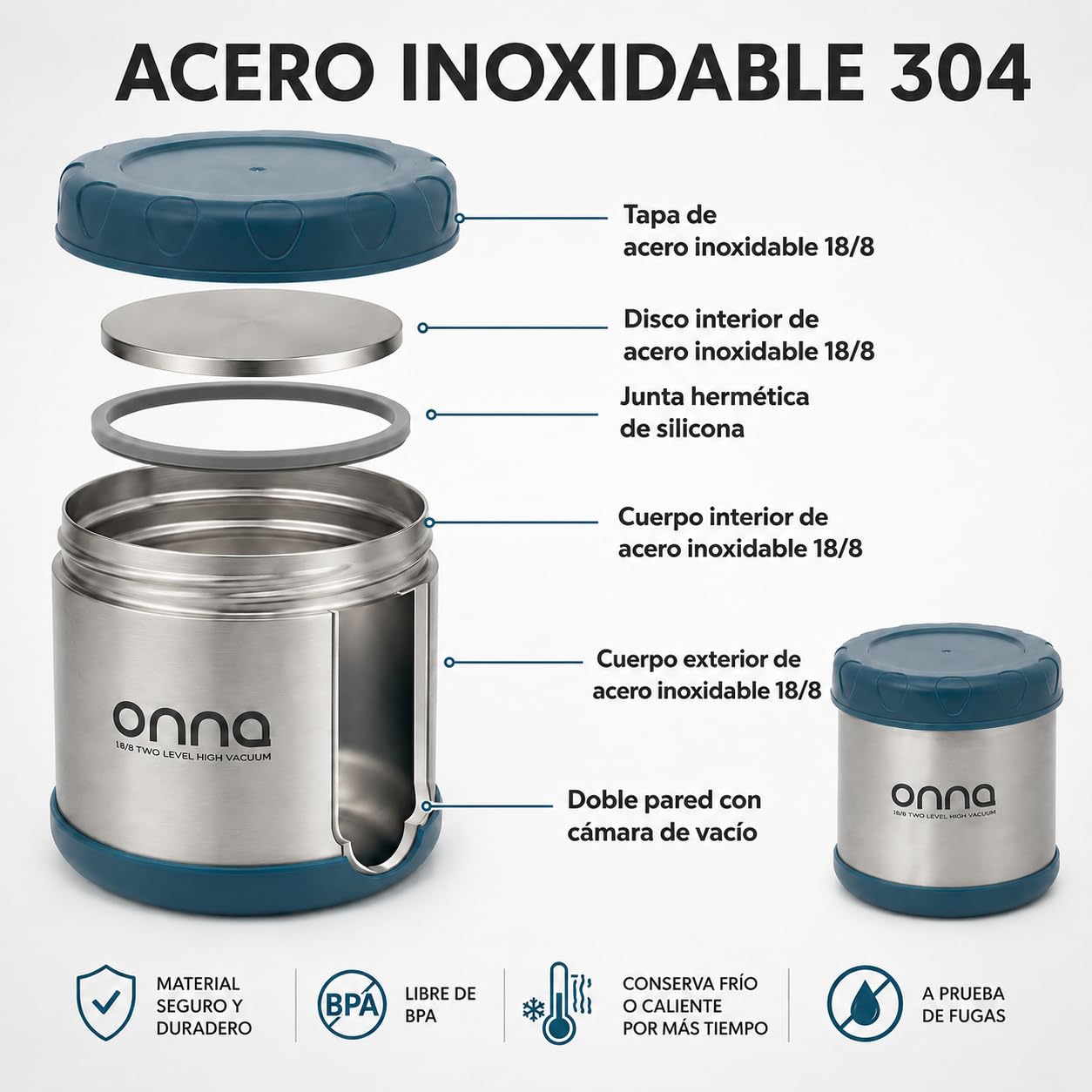 ONNA Termo Porta Alimentos 500 ml, Recipiente Térmico de Acero Inoxidable para Comida (1802MB)