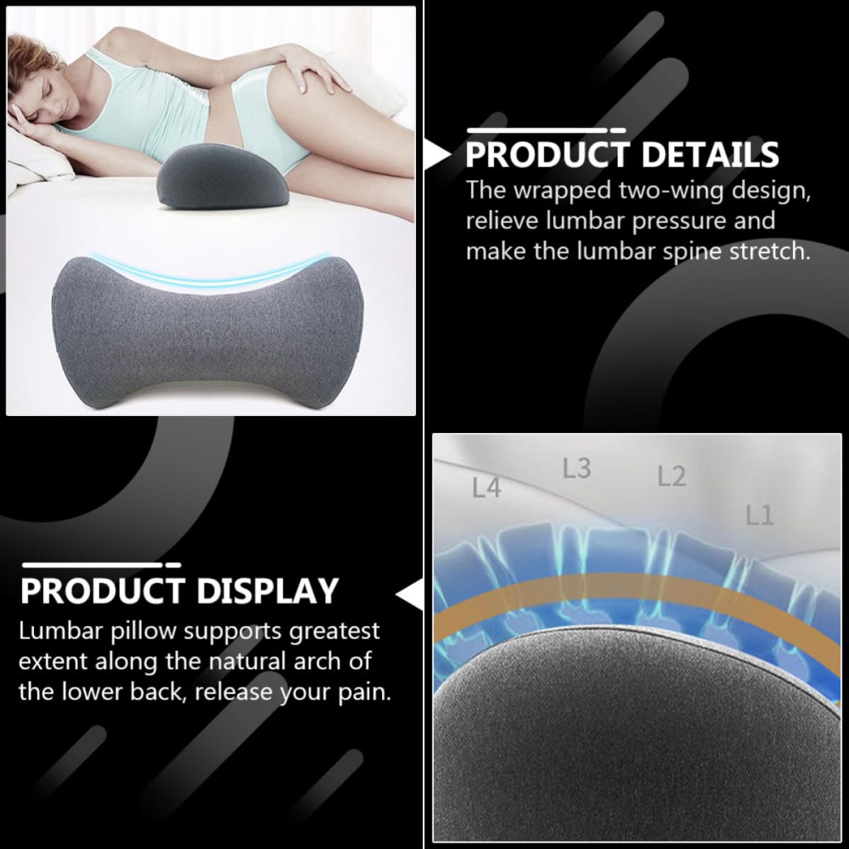 SECFOU Almohada Lumbar, Cojín de Apoyo Espalda de Algodón Viscoelástico, Diseño Envolvente de 2 Alas, para Embarazo y Dormir de Lado, Alivio de Presión Lumbar