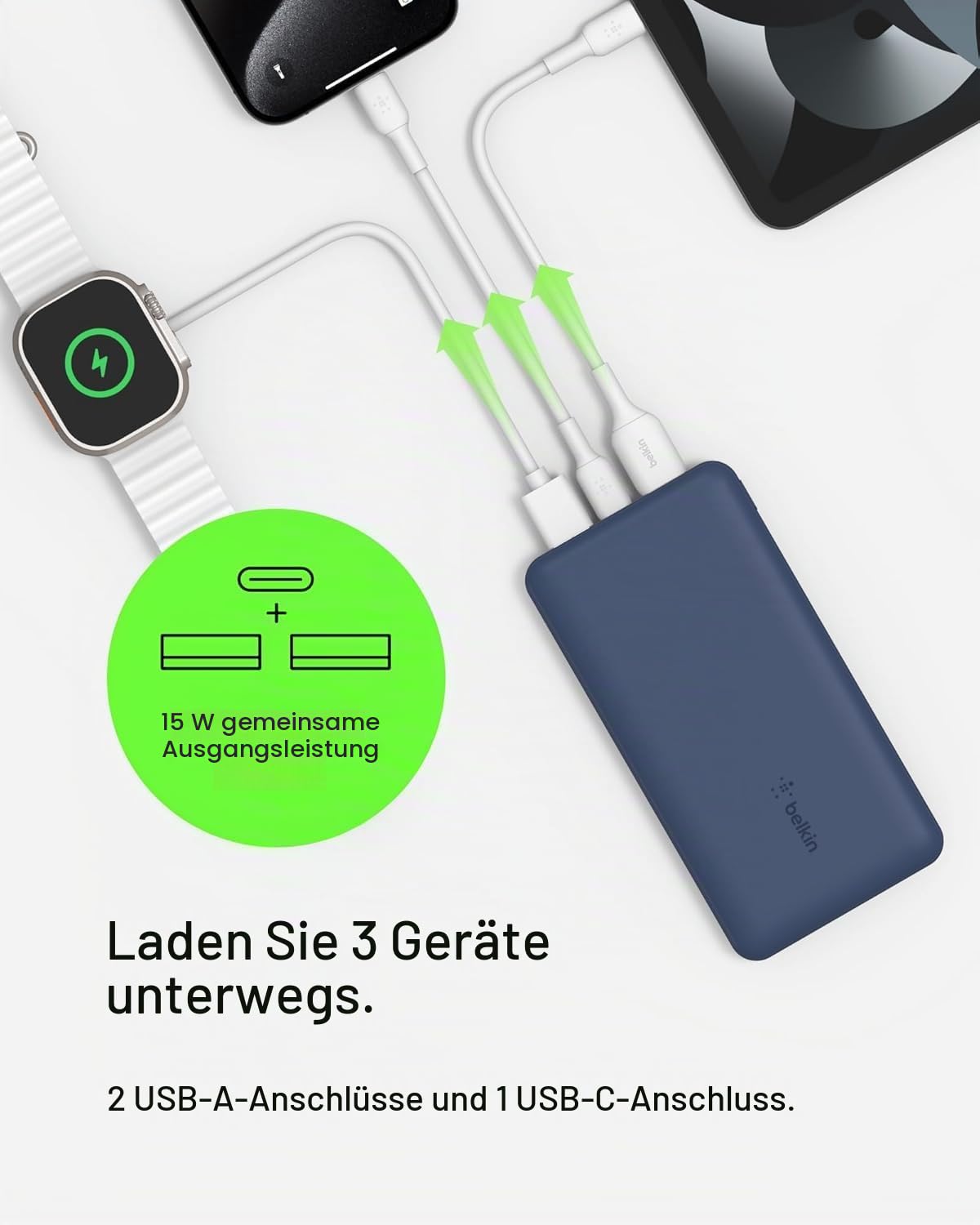 Belkin USB-C-Powerbank (10.000 mAh, 1 USB-C-Port und 2 USB-A-Ports zum Laden von iPhone, AirPods, iPad, Android- oder anderen Geräten mit bis zu 15 W) - Blau