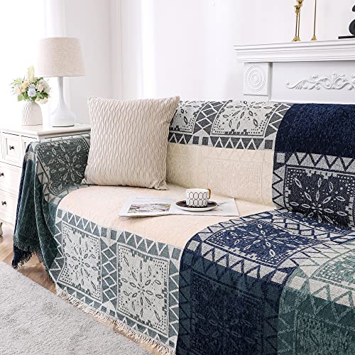 Turquoize Boho Couch Cover Bohemian Cotton Sofa Cover Sofa Throw Cover For Couches Washable Sectional Sofa Couch Covers For Dogs Feature Hippie Chenille Jacquard Fabric (71"X 91", Medium, Aqua Beige) #TOP1