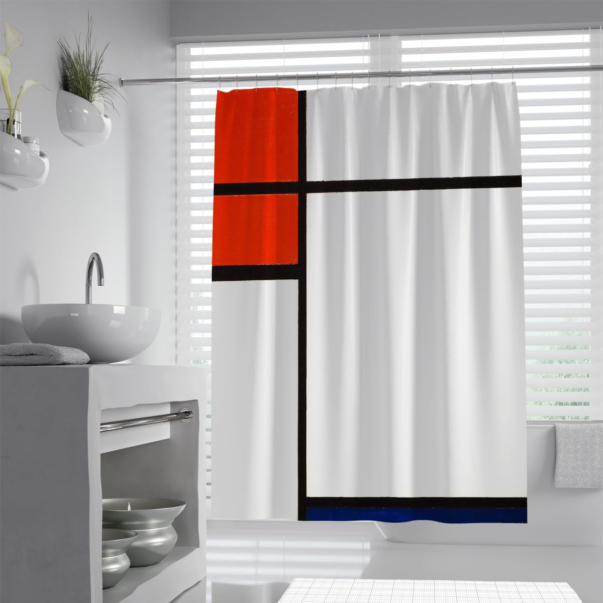 OLLIAR Home Modern Minimalist Grid Shower Curtain Set Abstract Geometric Black Lines Red Blue Squares Art Waterproof Fabric Bath Curtain with Hooks 120x180cm