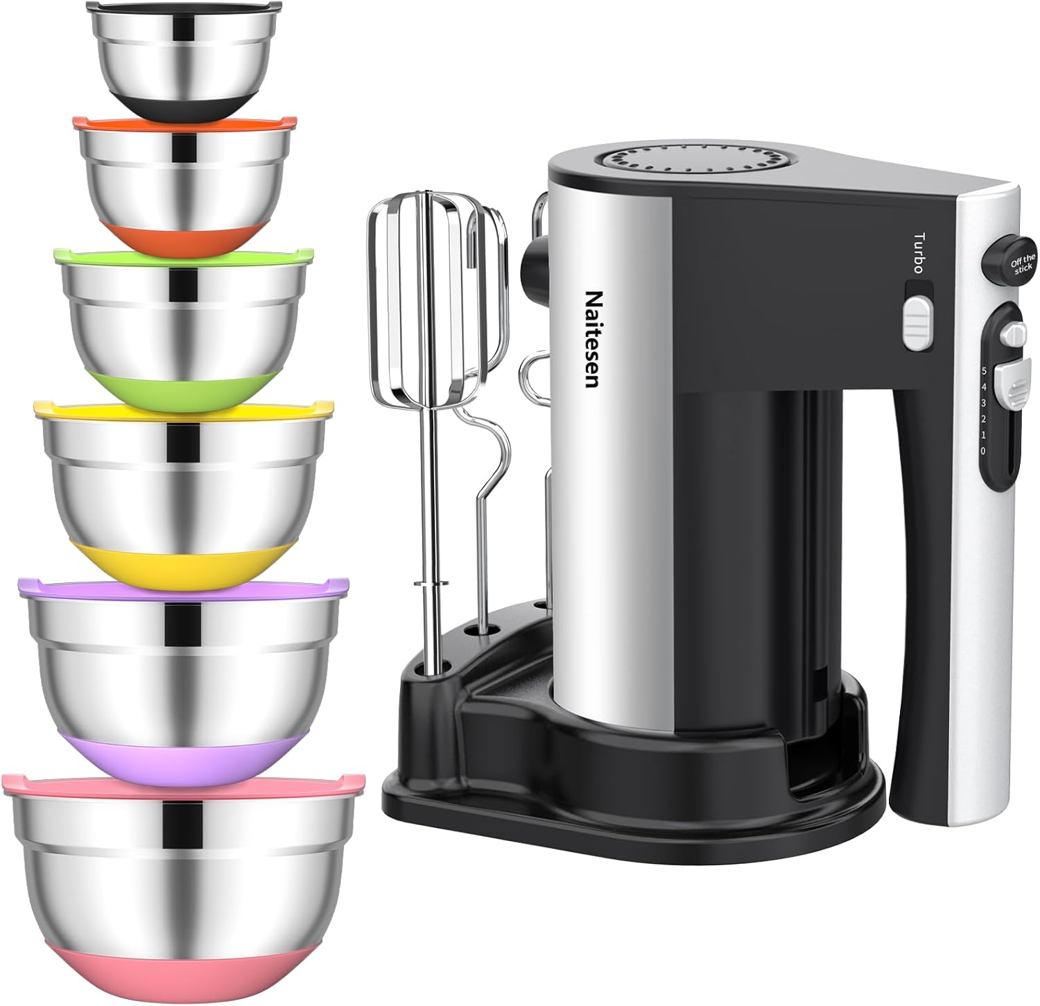 600W Electric Hand Mixer with 6 Piece Mixing Bowls with Airtight Lids Set, Mixer Electric Handheld Stainless Steel Metal Nesting Bowls Set for Kitchen Cooking Baking 600W Electric Hand Mixer with 6 Piece Mixing Bowls with Airtight Lids Set, Mixer Electric Handheld Stainless Steel Metal Nesting Bowls Set for Kitchen Cooking Baking