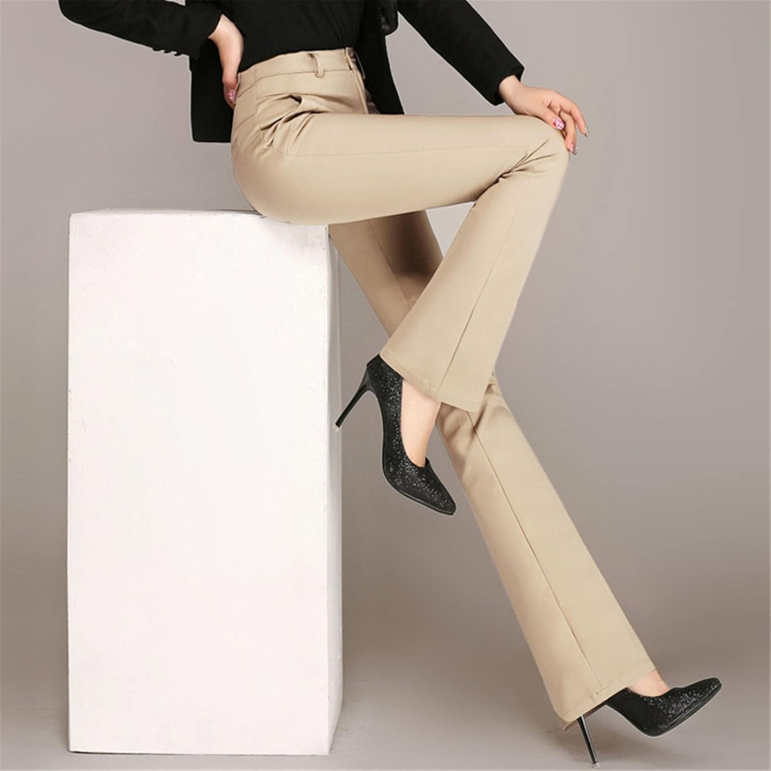 Kelsiop Women's Slim Spring and Summer Cotton Flared Pants Slim Elastic Solid Color Mid-Waist Office OL Trousers