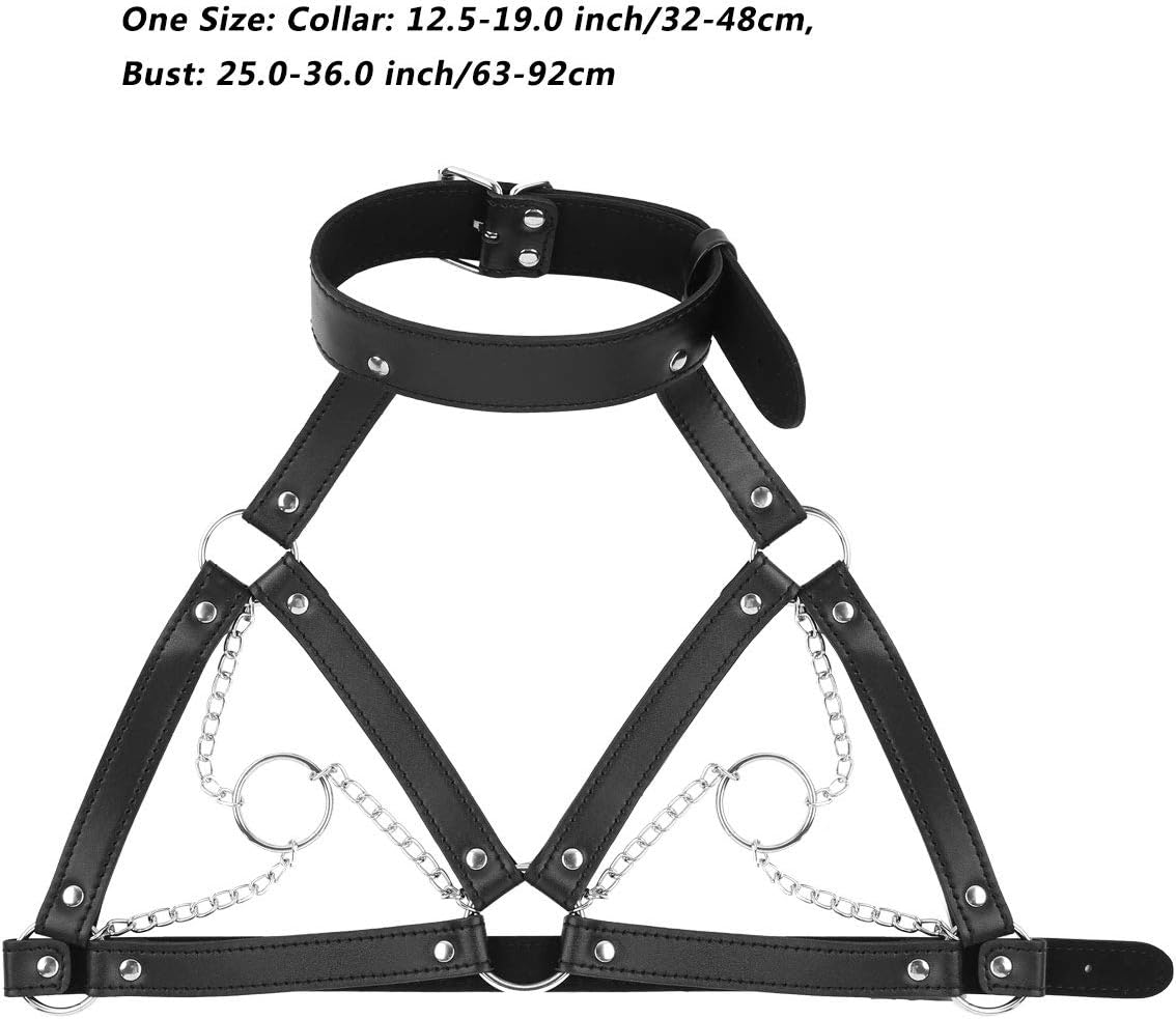 CHICTRY Women's Black Leather Adjustable Chest Harness Cupless Fancy Belt Buckles