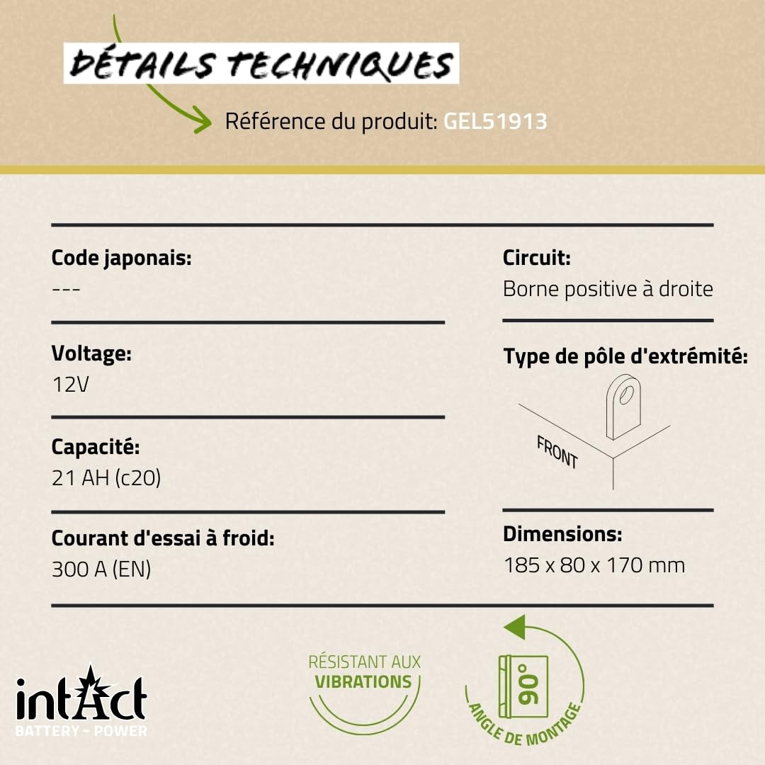 intAct - BATTERIE DE MOTO GEL Bike-Power GEL51913. Remplace 51814, 51913, YT19BL. Batterie moto 12V 21Ah 300A. Dimensions : 185x80x170mm. Avec jusqu’à 30% de puissance de démarrage en plus.