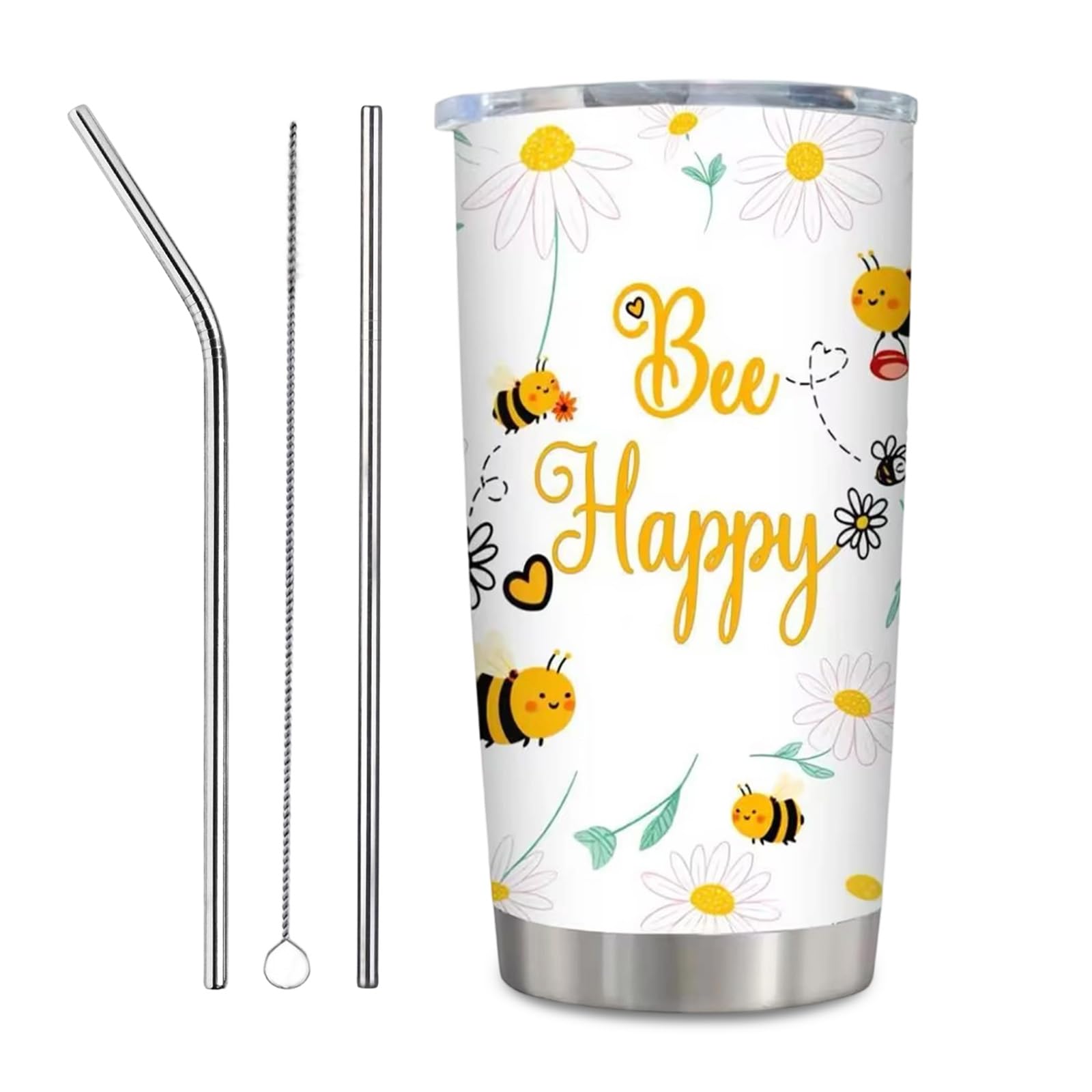 Nodrex Bee Tumbler Gifts for Women, Cute Bee Happy Stainless Steel Cups, Personalised Travel Mug 600ml, Insulated Leakproof Drinkware, Birthday Gifts for Women Friends, Funny Themed Presents