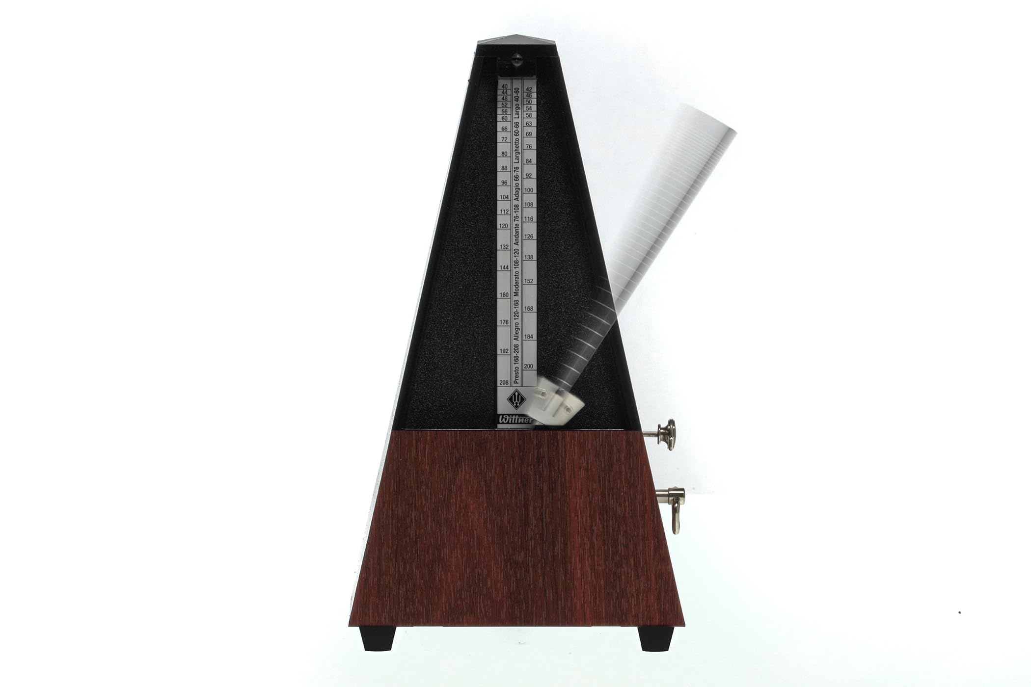 Wittner Metronomo Taktell forma piramidale Sistema Maelzel Serie 802K - Custodia in plastica - Con campana - Con coperchio in plexiglass - Venatura mogano - Non richiede batterie - Made in Germany