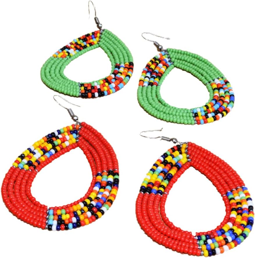 TEMBO AFRICA Set of 2 Maasai Beaded Earrings Handmade African Earrings Length: 3 Inches (with hooks) Boho Jewelry Gifts, AE26