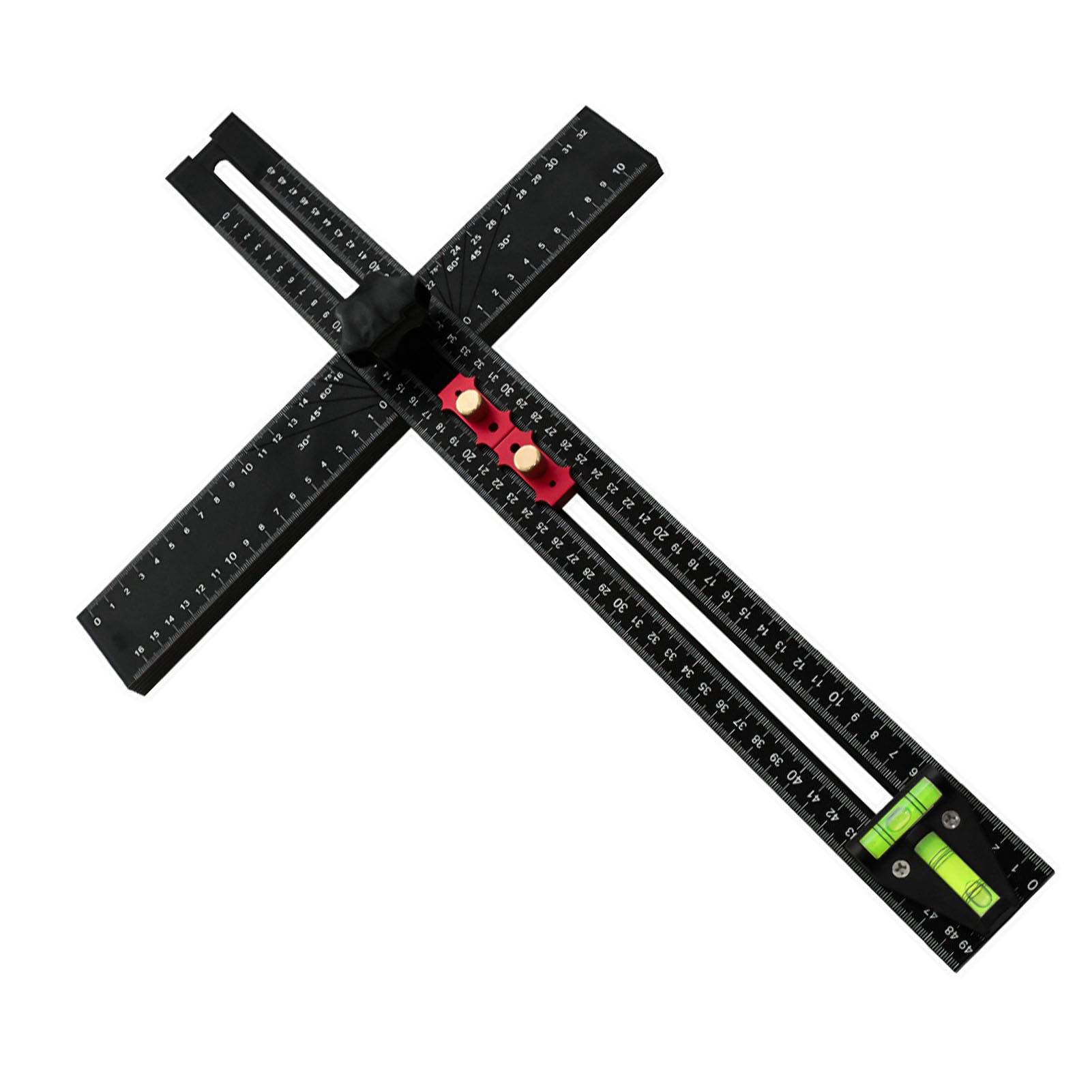 Équerre en T de 54 cm avec niveau à bulle, outil de mesure multi-angles pour le travail du bois, règle combinée réglable avec angles de 45° et 90°, alliage d'aluminium, noir
