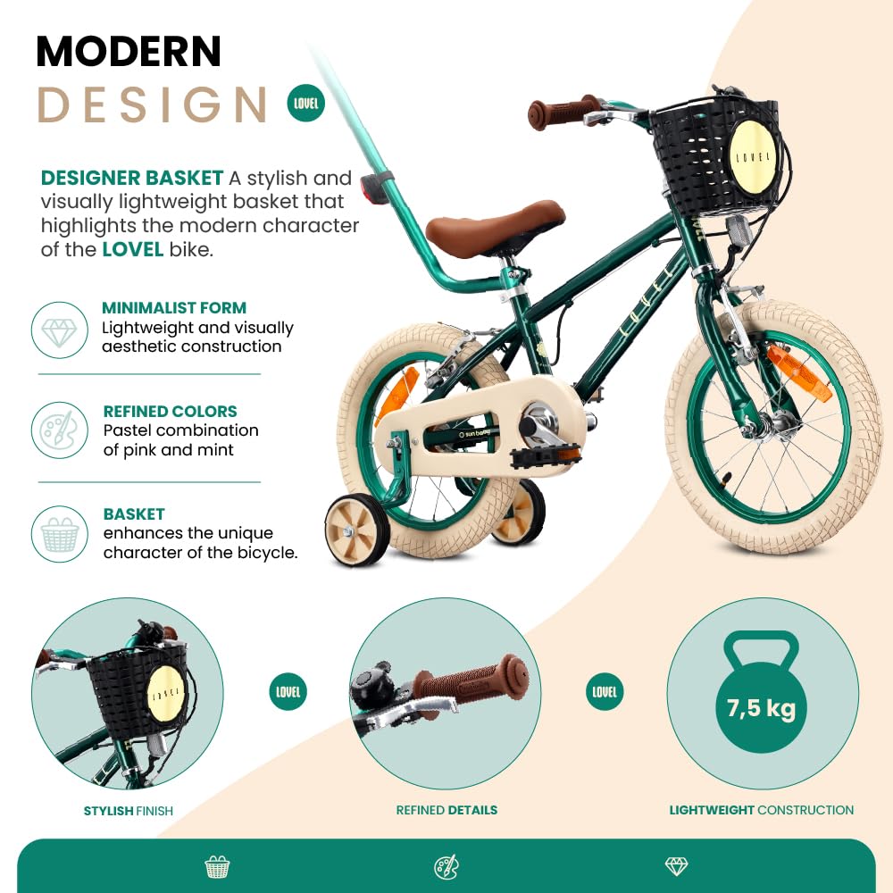 sun baby Lovel Bicicleta niño y niña 14 o 16" | Para 3–6 años, hasta 50 kg, ruedines, cesta, timbre y protector de cadena