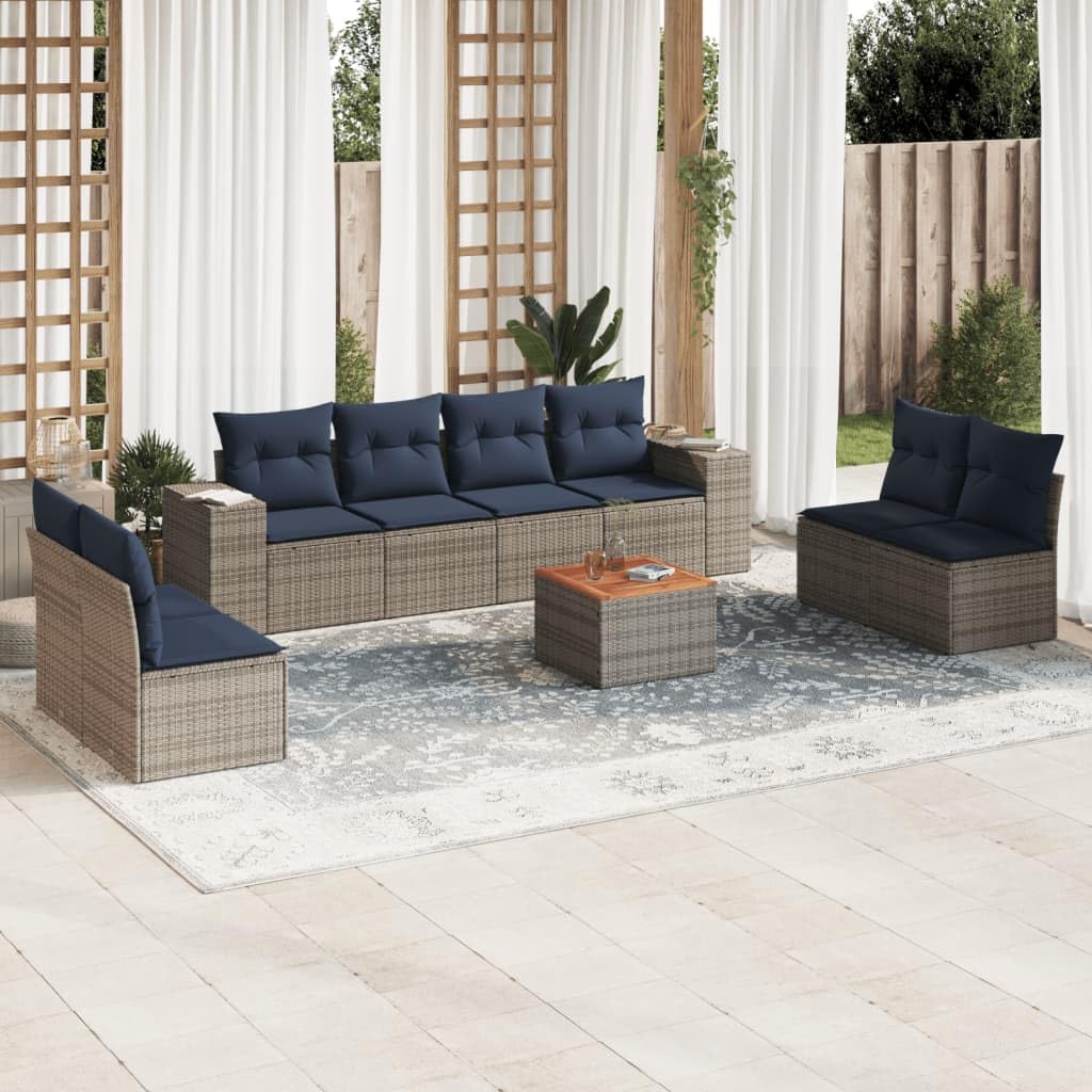 9 Piece Patio Sofa Set with Cushions, Gray Poly Rattan Wicker Outdoor Furniture, Modular Design for Backyard Decor, UV-Proof Garden Lounge Seating with Acacia Table