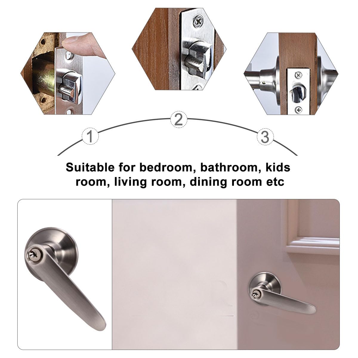 Healeved Serrure de Porte Intérieure en Alliage de Zinc Poignée 3 Barres Solide Serrure de Porte de Chambre et Salle de Bain Sécurité Domicile Installation Facile Résistance à L’Usure