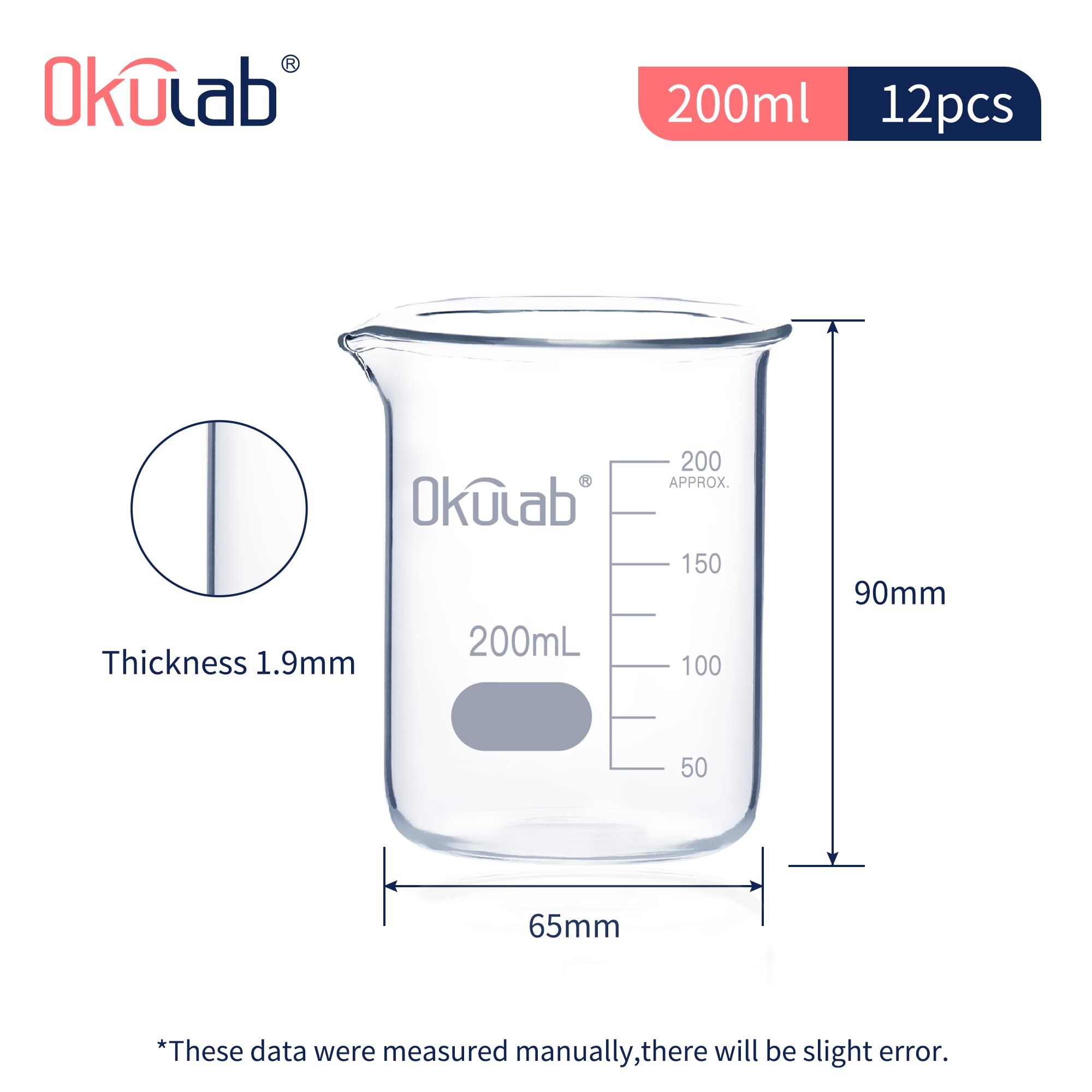 BKLG200A12 - Set di bicchieri in vetro borosilicato da 200 ml, a forma bassa, graduato 3,3 (caso di 12) per laboratorio, aula, artigianato, cucina, BKLG200A12