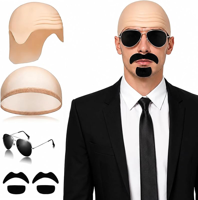 Halloween Bald Caps with Glasses and Mustache, Fake Bald Head Wig Cap Party Costume Accessories for Adults Women Men Cosplay