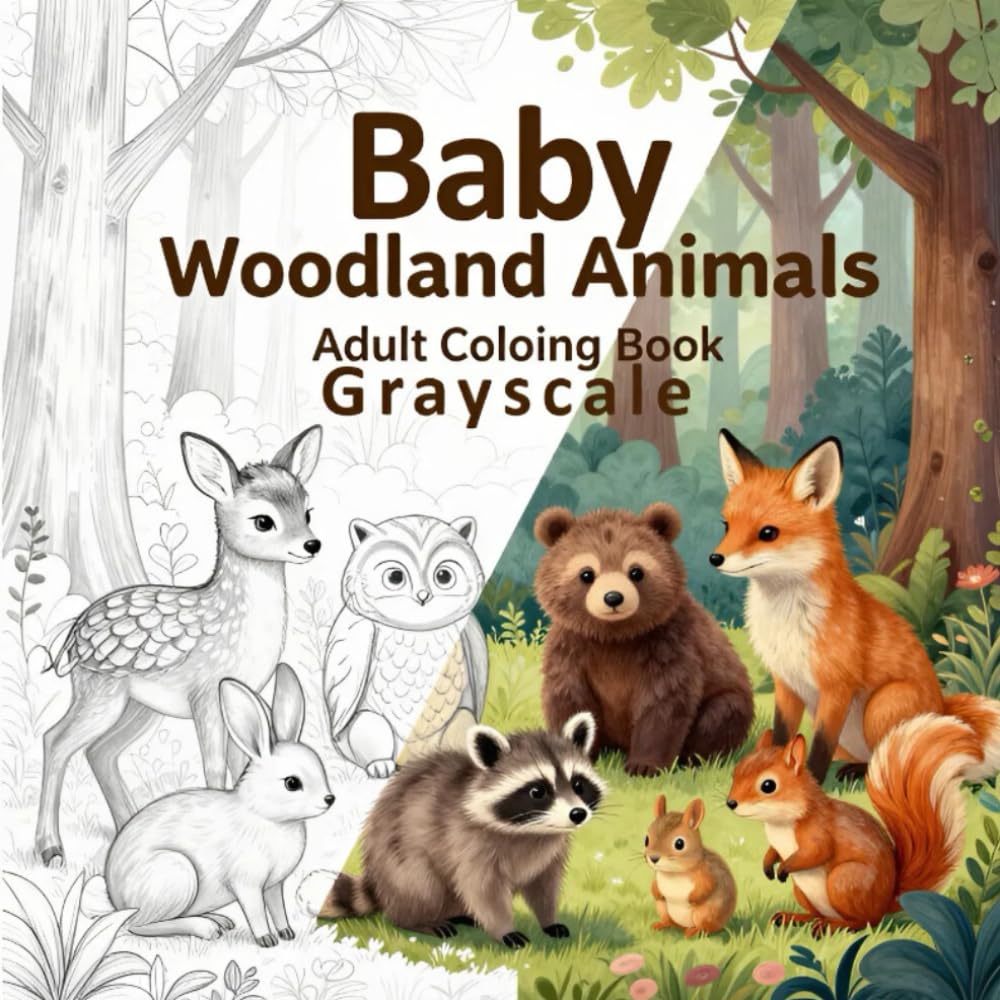 Baby Woodland Animals Grayscale Coloring Book: A Relaxing Adult Coloring Book Featuring Gentle Forest Creatures for Stress Relief
