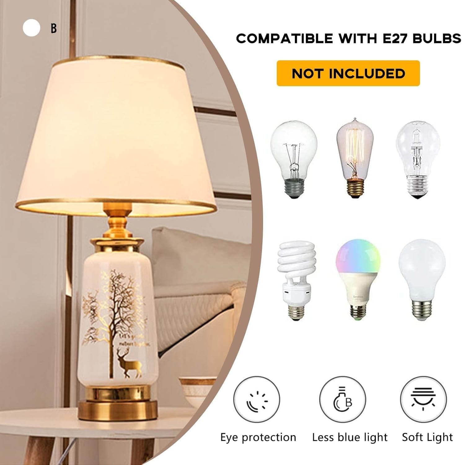 Lampada da tavolo moderna a LED in ceramica, bianca, altezza 20,86 cm, lampadina inclusa, motivo cervo e paralume per soggiorno e studio