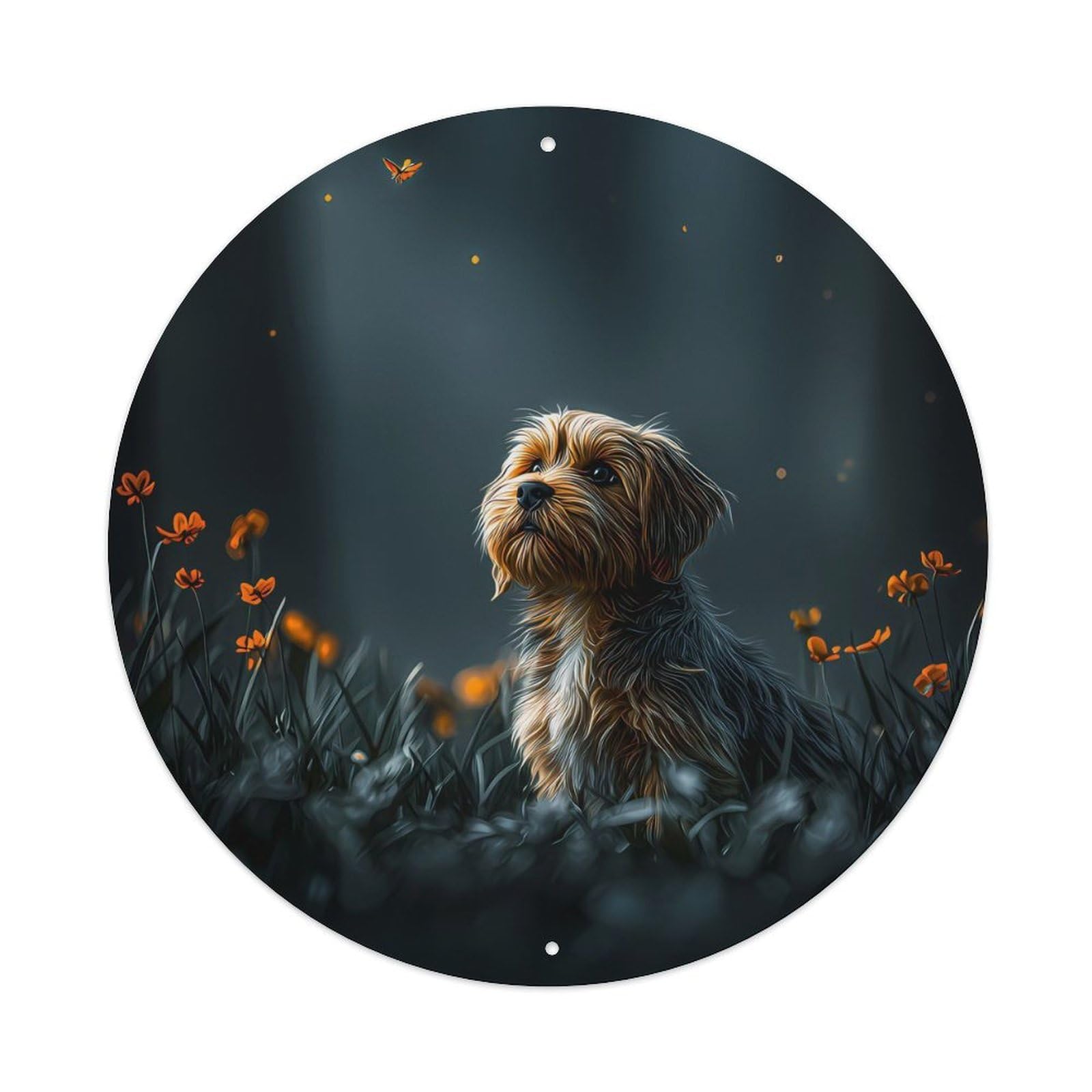 Animal Poster Yorkshire Terrier Puppy Butterfly Forest Light Vintage Metal Tin Sign Plaque Wall Decor for Cafe, Club Bar, Office, Garden Metal Poster 8x8Inch
