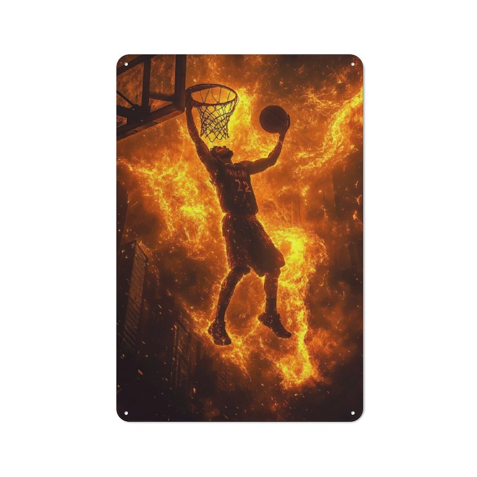 Junmoney Basketball Player In Flames Printed Metal Sign 30X20cm For Café Or Restaurant, For Hospitality Interior Collectors