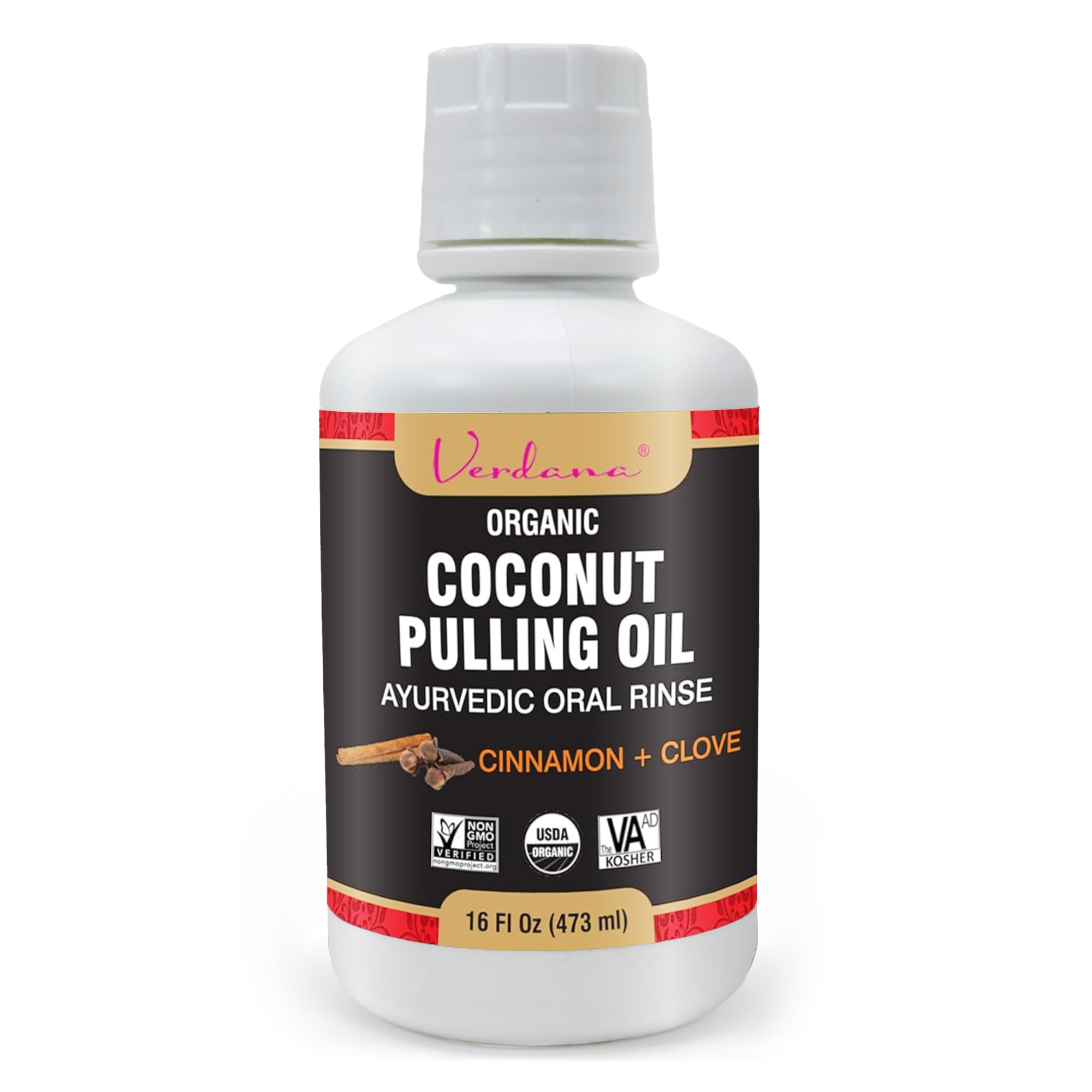 Verdana Organic Oil Pulling Mouthwash – 16 oz Cinnamon & Clove – USDA Organic Coconut Oil Rinse for Teeth & Gums – Alcohol-Free, Fluoride-Free Natural Mouthwash for Fresh Breath & Gum Health
