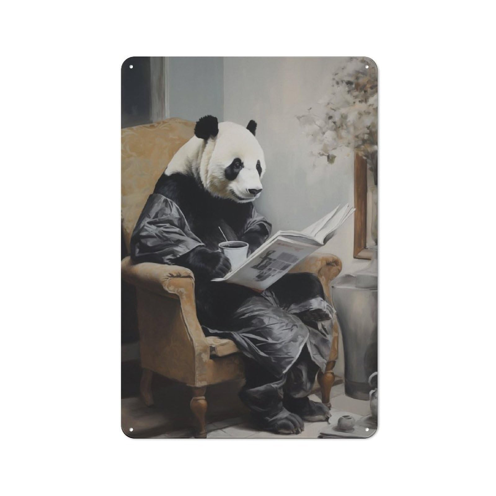 Rustic Vintage Metal Sign 30x20cm Featuring Panda Reading A Newspaper, Home Bar Decor for Cafe, Pub, Workshop Or Home Bar