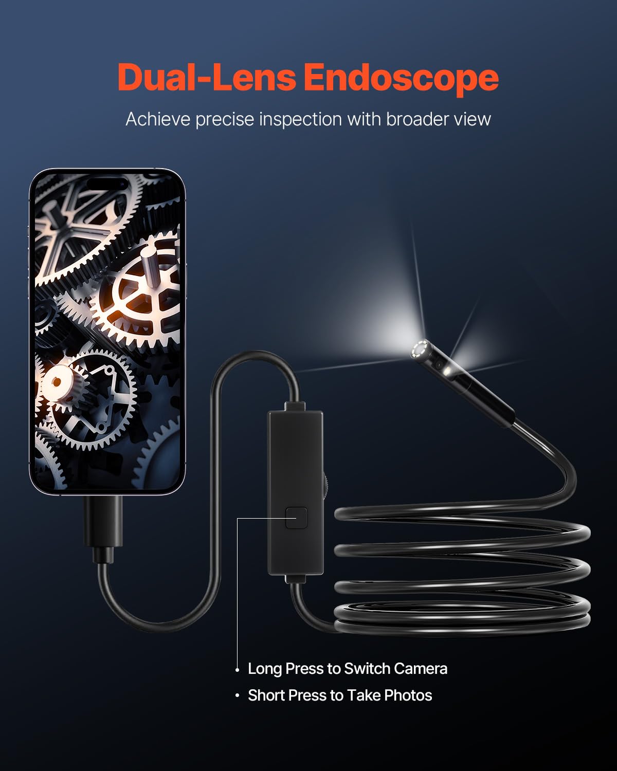 VEVOR Telecamera Endoscopica con Luce, Telecamera di Ispezione HD 1920P con 8 + 1 Luci LED, Boroscopio a Doppia Lente con Zoom 2X, Cavo Serpente da 3 m Impermeabile IP67 per Auto