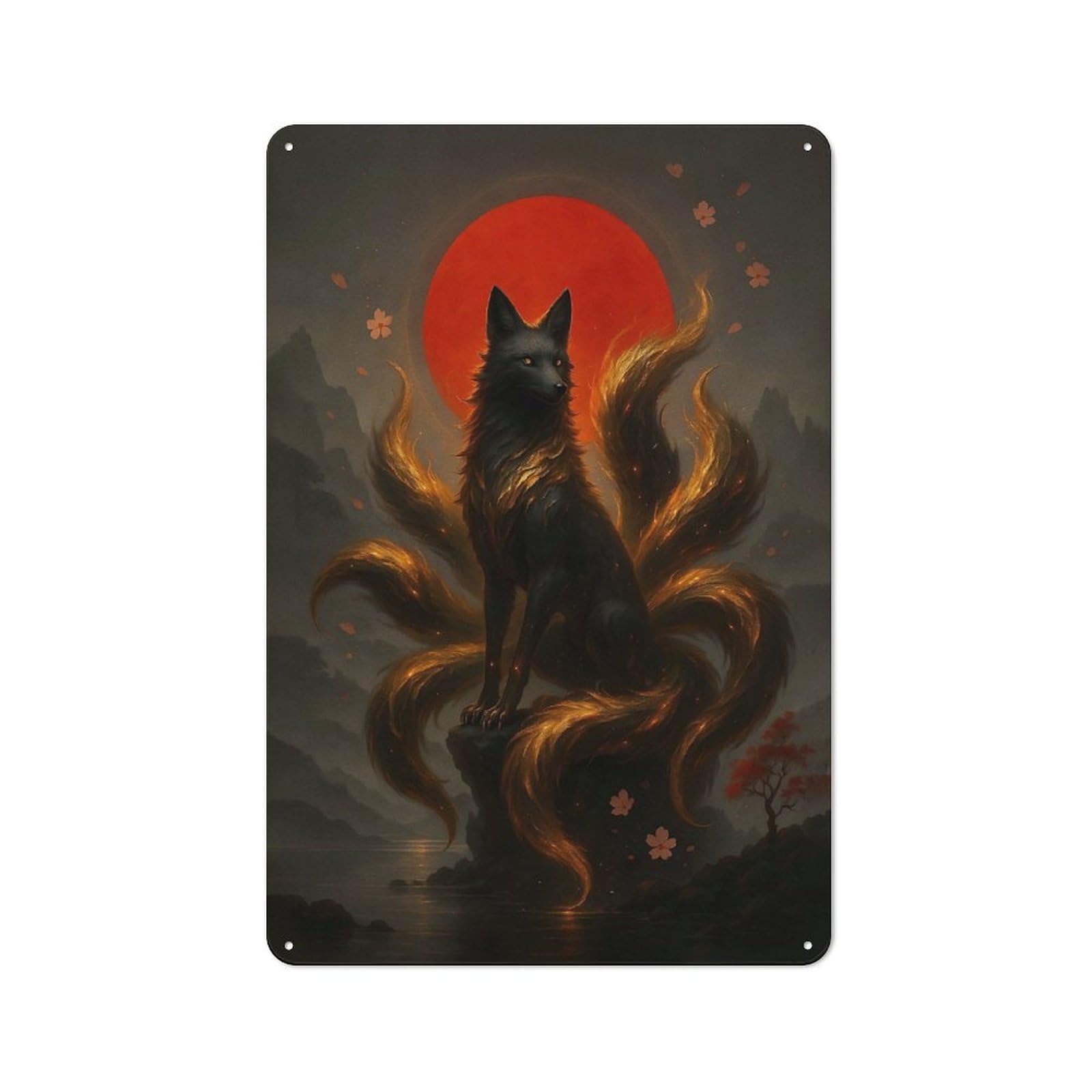Junmoney Style-14 Vintage Metal Plaque 30X20cm Featuring Nine-Tailed Fox With Red Moon For Hallway Wall, For Wall Display Collectors