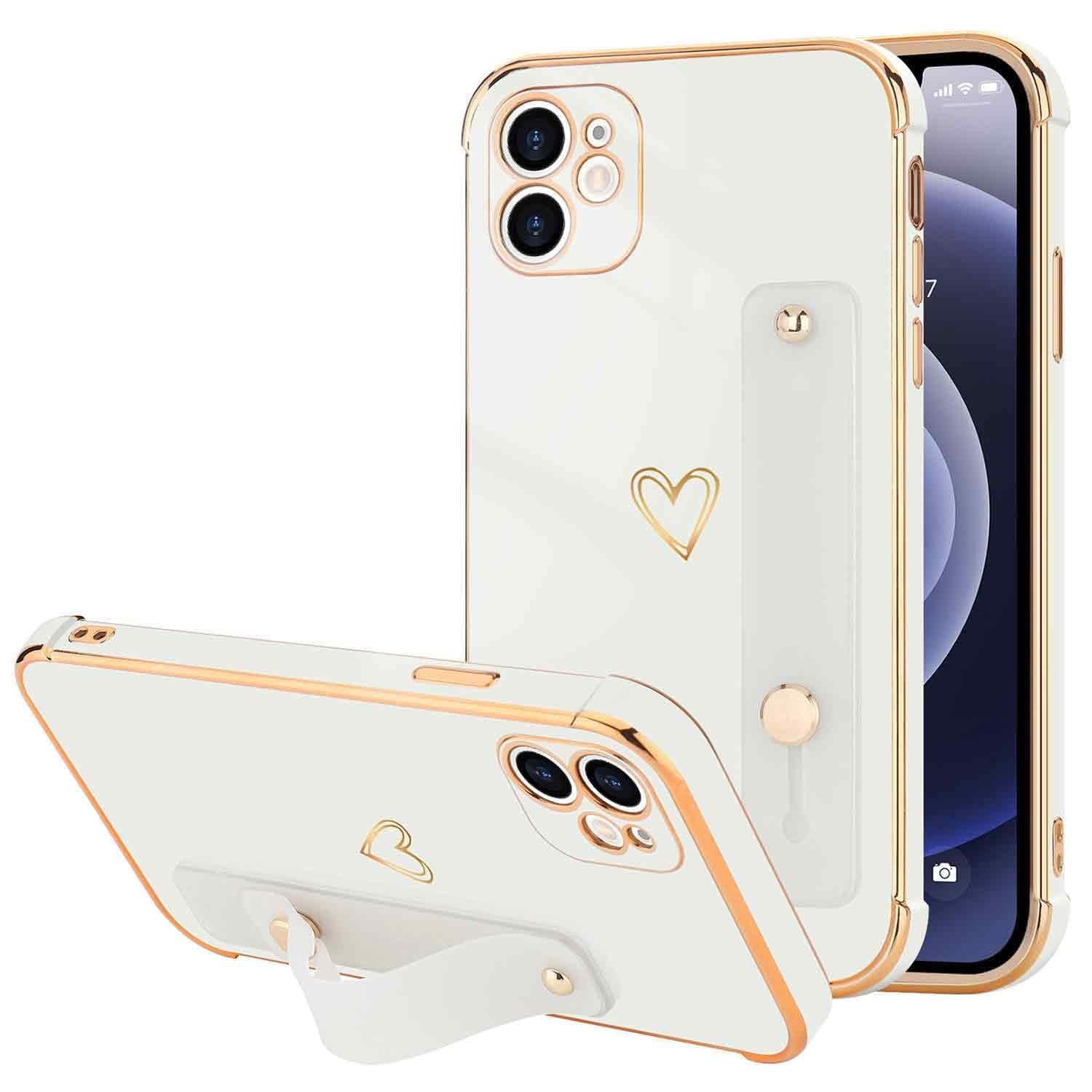 LLZ.COQUE Compatible with iPhone 11 Case for Women Girls, Bling Luxury Plated Bumper with Cute Love-Heart Design, Adjustable Hand Strap Stand, Raised