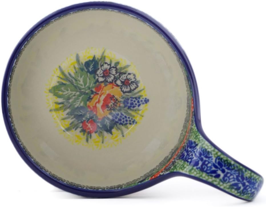 Polmedia Polish Pottery Bowl with Loop-Handle 6-inch UNIKAT - Splendid Morning Glow Pattern Handmade in Boleslawiec Poland by Ceramika Artystyczna + Certificate of Authenticity