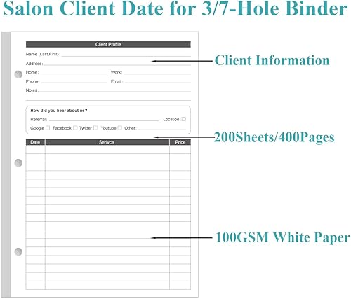 Miniatura 2 de Paquete de 2 tarjetas de inserción de carpeta de estilista A5, tarjetas de perfil de cliente de 3 agujeros para estilista, salón, spa, peluquería,