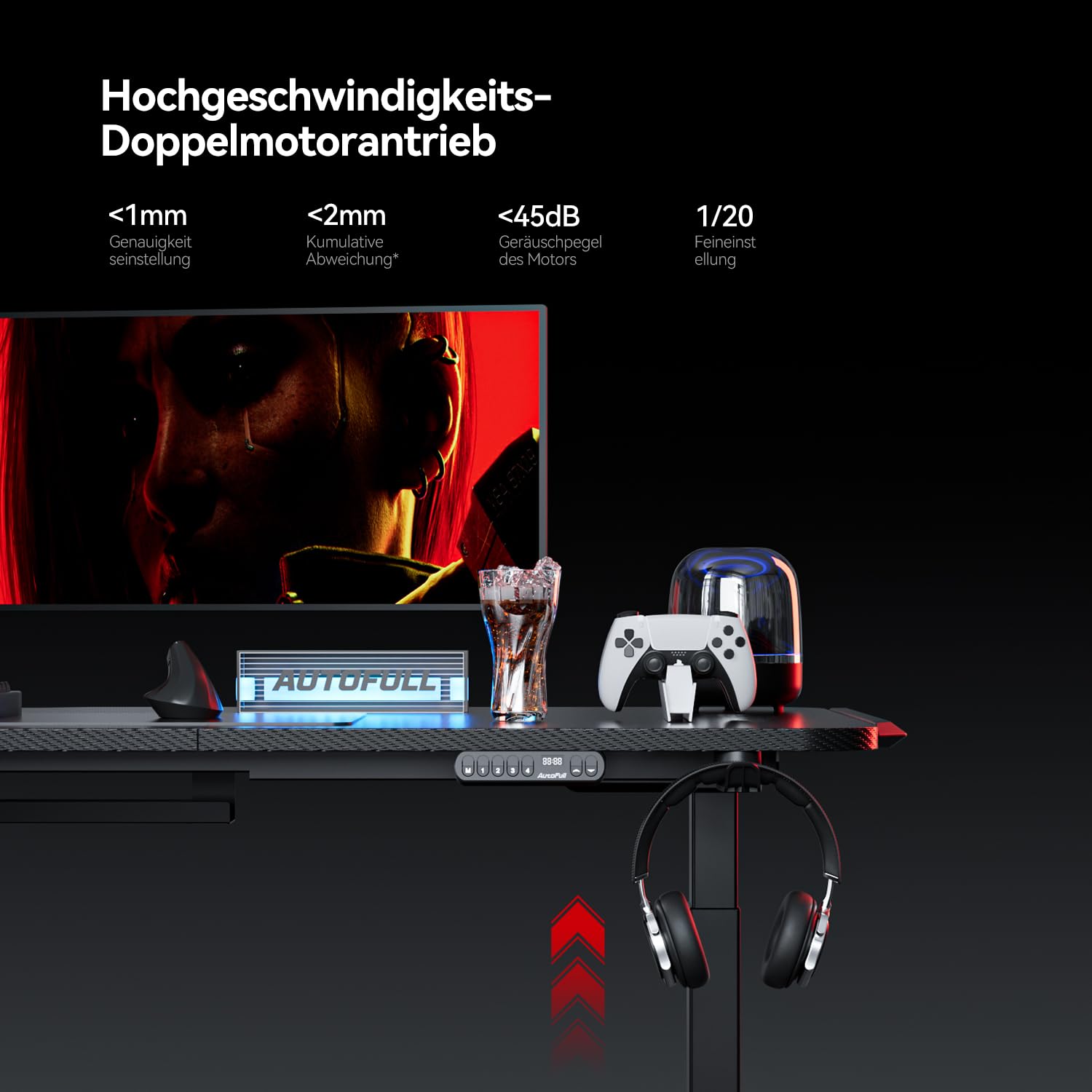 AutoFull A4 Pro Gaming Schreibtisch Höhenverstellbar Elektrisch, 160 x 70 cm Gaming Tisch mit Doppelmotor, Memory-Funktion, RGB Beleuchtung, 15W Kabelloses Laden & Kabelmanagement, Schwarz
