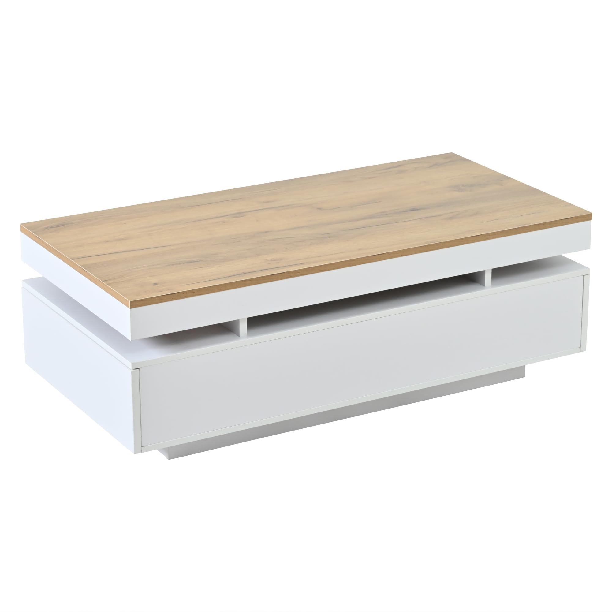 SACOOL 100 x 50 x 35 cm Mesa de centro con 2 cajones, mesa auxiliar LED de alto brillo, mesa de té, mesa de sofá, mesa de salón, mesa de café, color blanco + tono de madera, blanco, madera