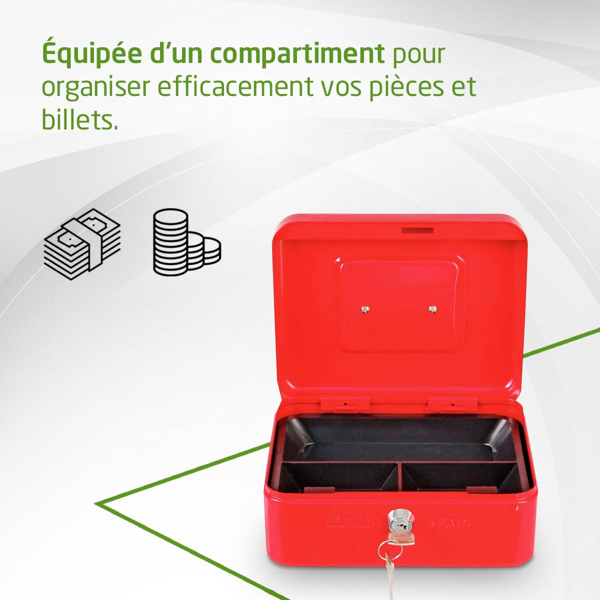 Amig Coffre-fort Acier Rouge 150 x 110 x 70 mm avec Plateau à monnaie et 2 clés