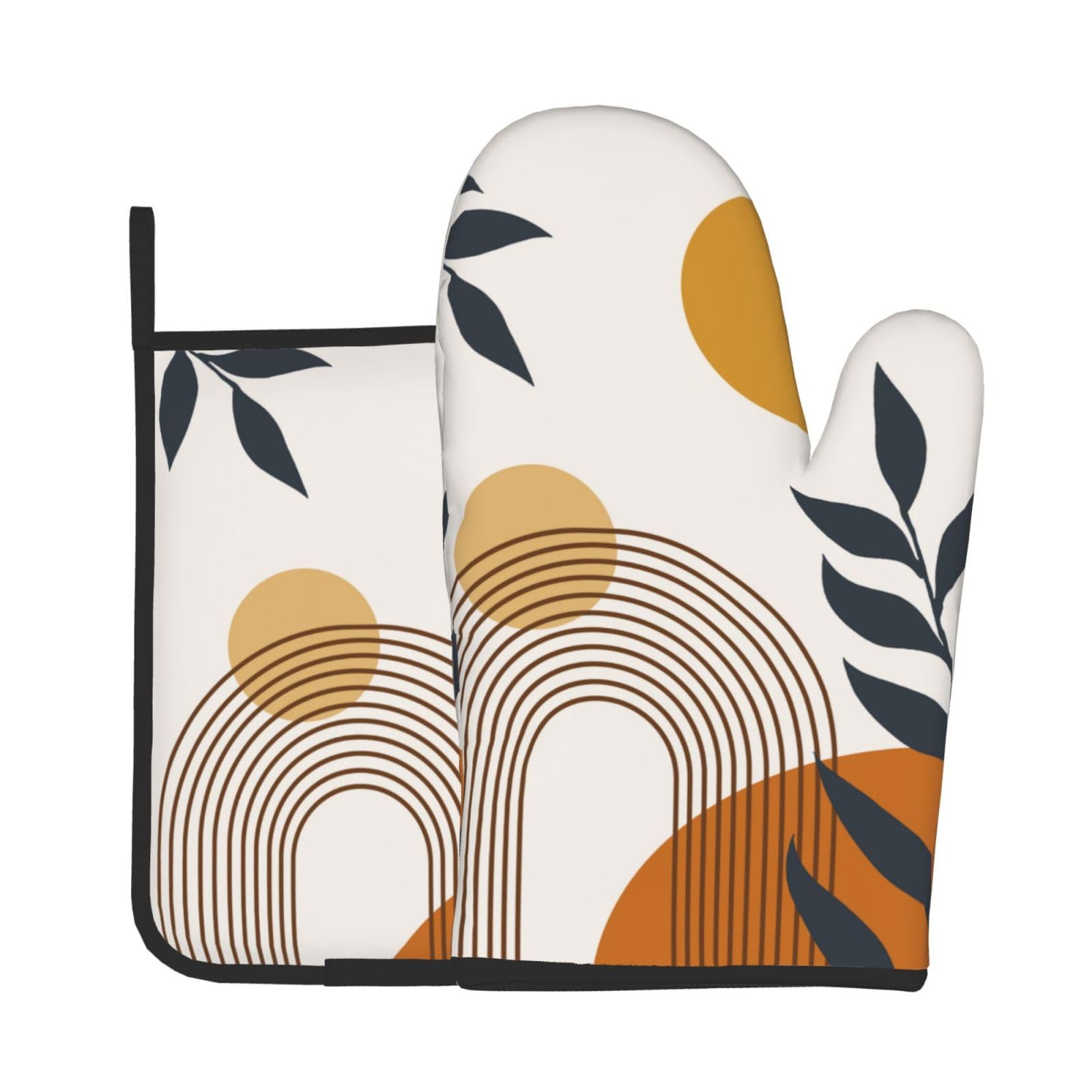 Boho Leaf Oven Mitts and Pot Holders Sets - Modern Botanical Kitchen Mitts Potholders 2 Pack Heat Resistant Mid-Century Oven Gloves Hot Pads for Kitchen Baking Grilling Party