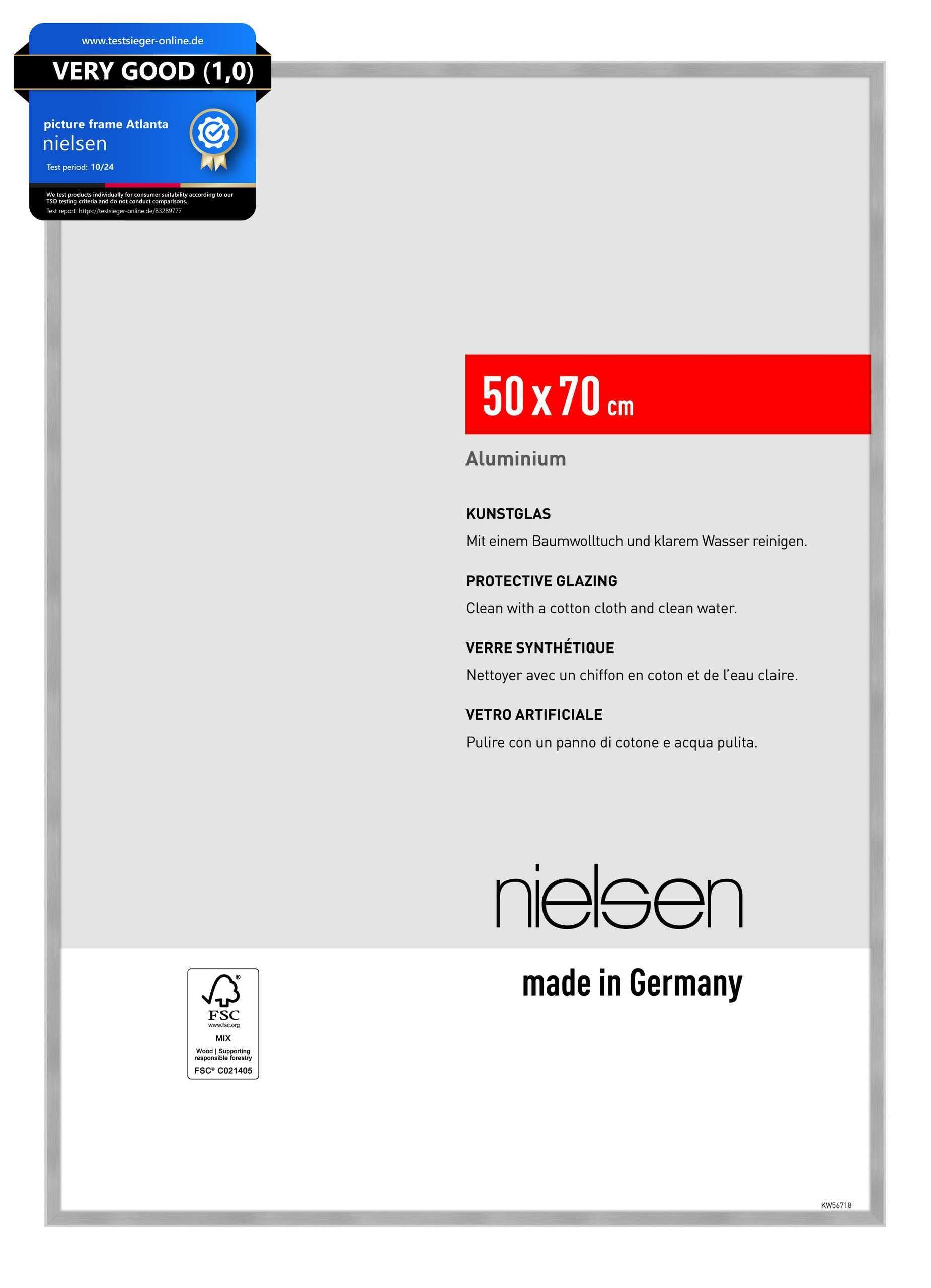 nielsen Atlanta Aluminium Picture Frame - Brushed Silver 50x70cm - with Synthetic Glass and Push-Turn Clips