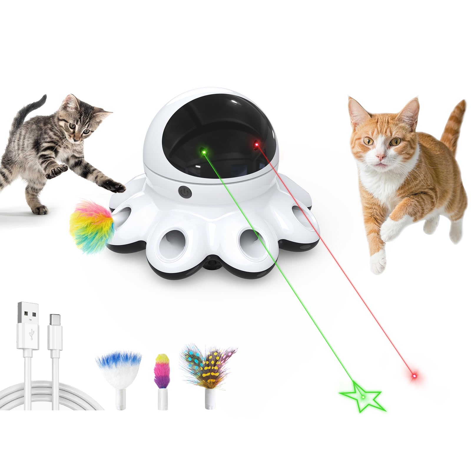 ORSDA Cat Laser Toy, 2-in-1 Interactive Automatic Motion Activated Moving 8 Holes Whack A Mole Feather, USB Rechargeable Electronic Smart Sensor Kitten Toys for Indoor Exercise