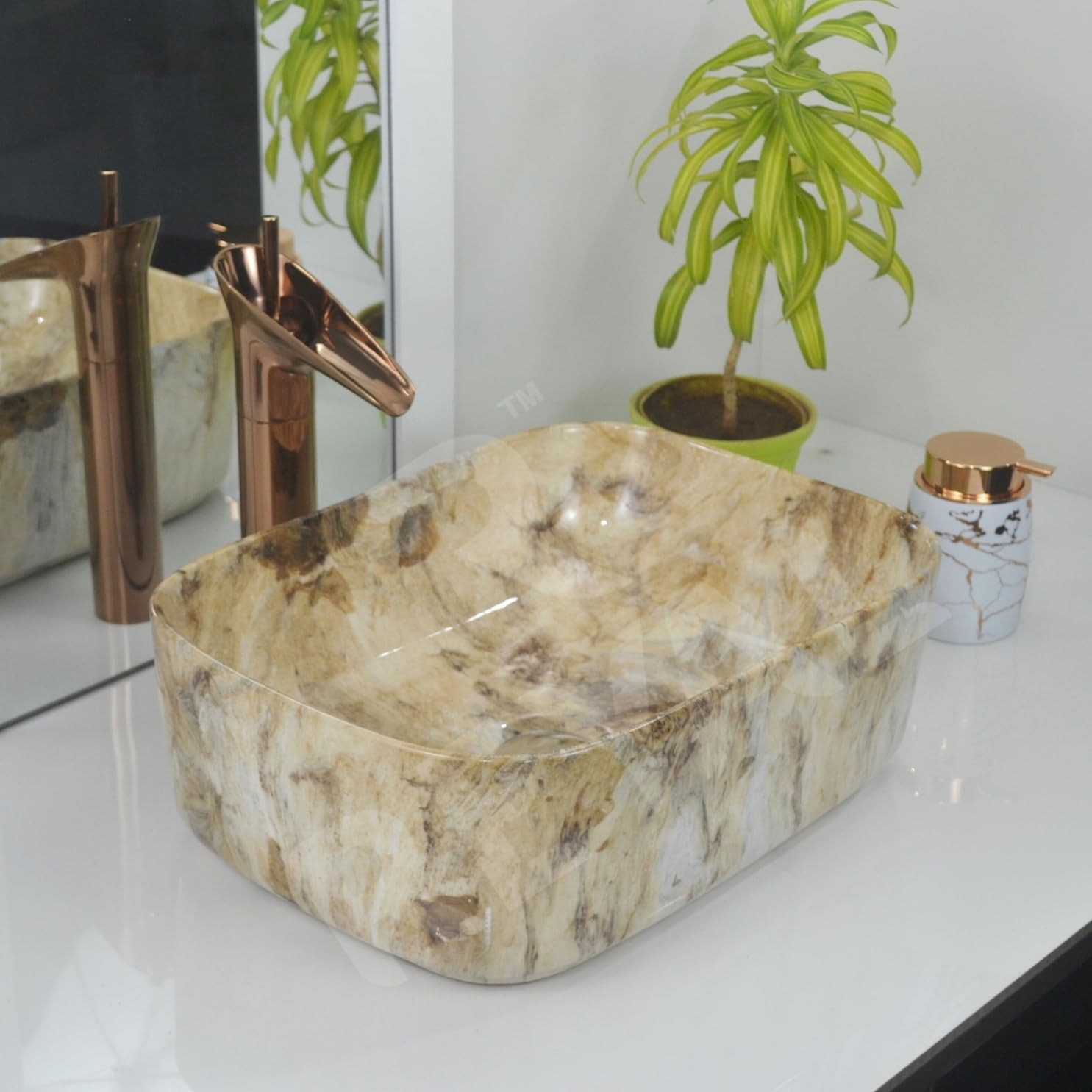 Reyal Marble Wash Basin - Ivory Gold Vessel Sink -8