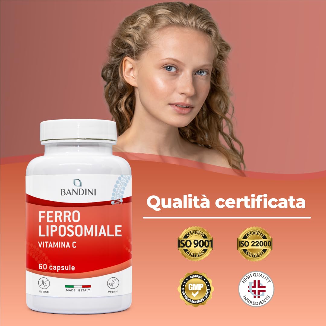 Bandini® Ferro Liposomiale Complex 30 mg – con Vitamina C, Acido Folico, B12, B6 e A – Alta Biodisponibilità e assorbimento, contro Stanchezza e Affaticamento – 60 Capsule per 2 mesi