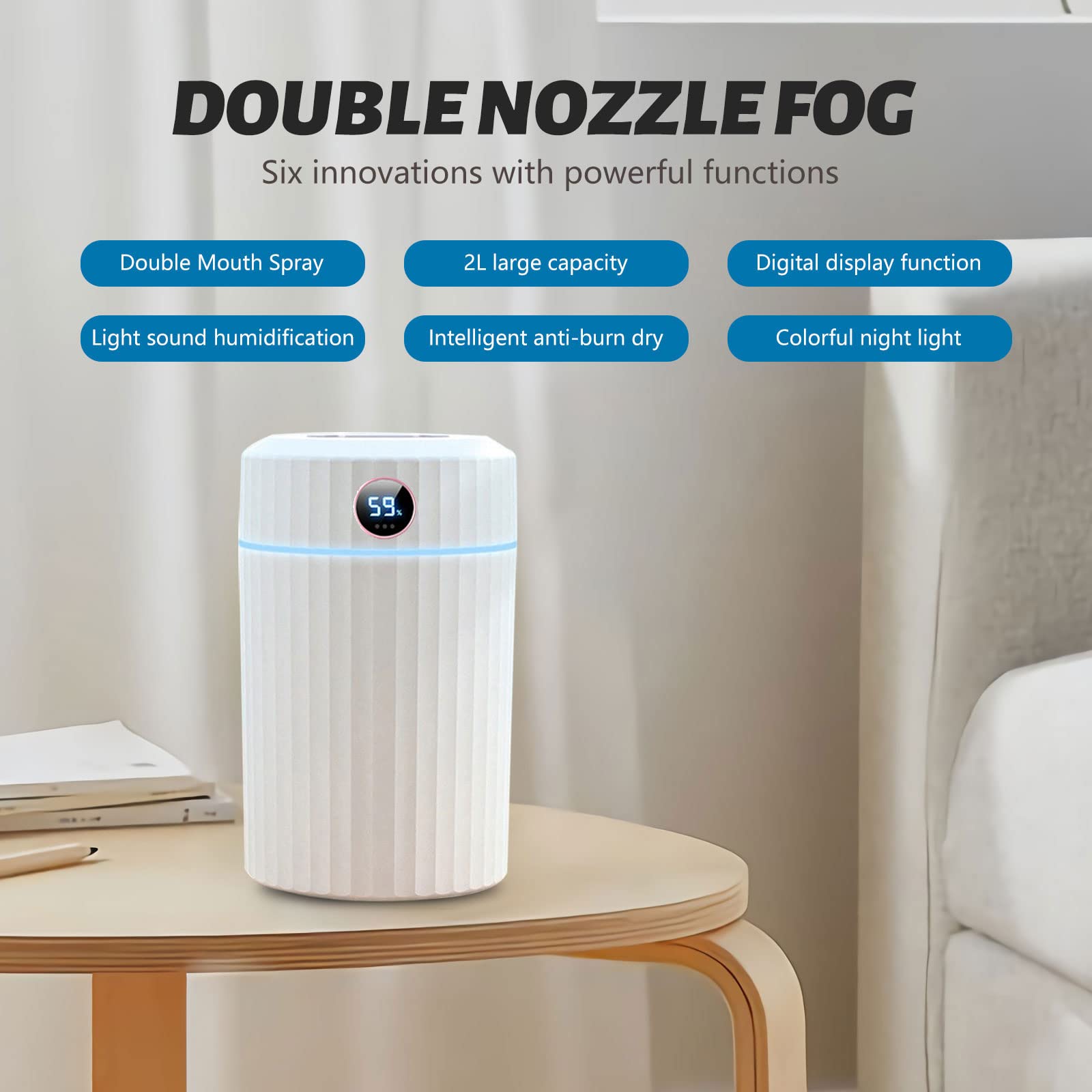 Humidificateur Top-Fill, 2L Humidificateur Ultrasonique Silencieux avec Thermo-Hygromètre Duple Buse 36 Heures Temps de Fonctionnement Arrêt Automatique 7 Types de Lumières pour Maison Chambre