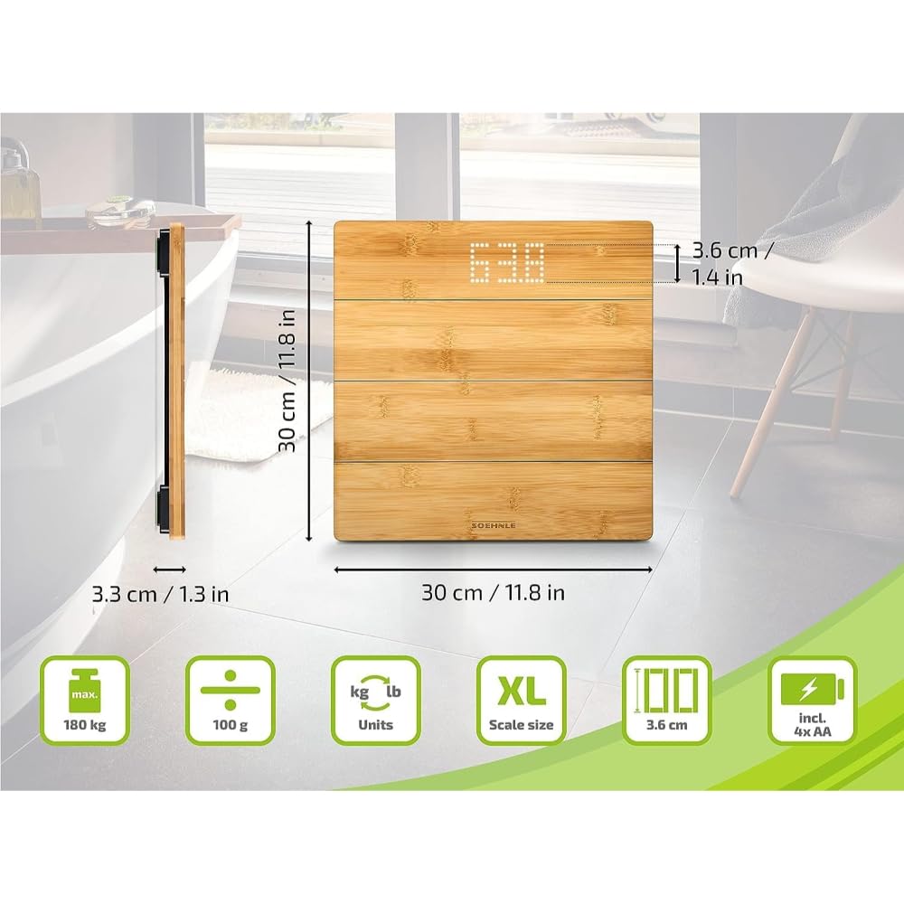 Soehnle Style Sense Bamboo Magic, digitale Holzwaage aus echtem Bambus, Waage mit unsichtbarem Display, top lesbare LED-Anzeige, Körperwaage für ein warmes Fußgefühl, Personenwaage bis zu 180 kg