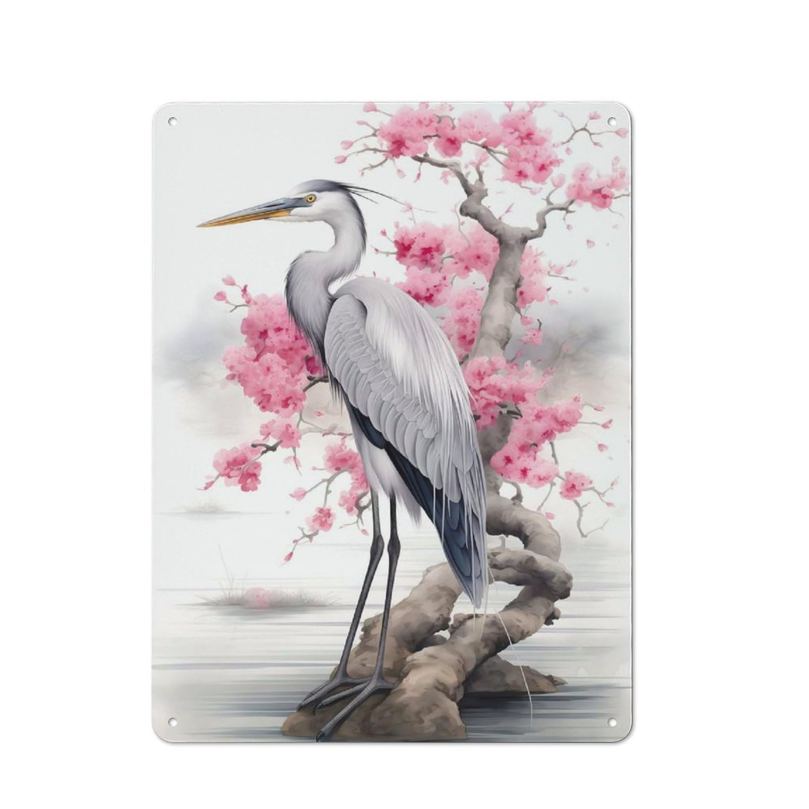 Cherry Blossom Heron Vintage Metal Wall Decor 40x30cm, Tin Wall Sign for Restaurant, Kitchen, Counter Or Breakfast Nook