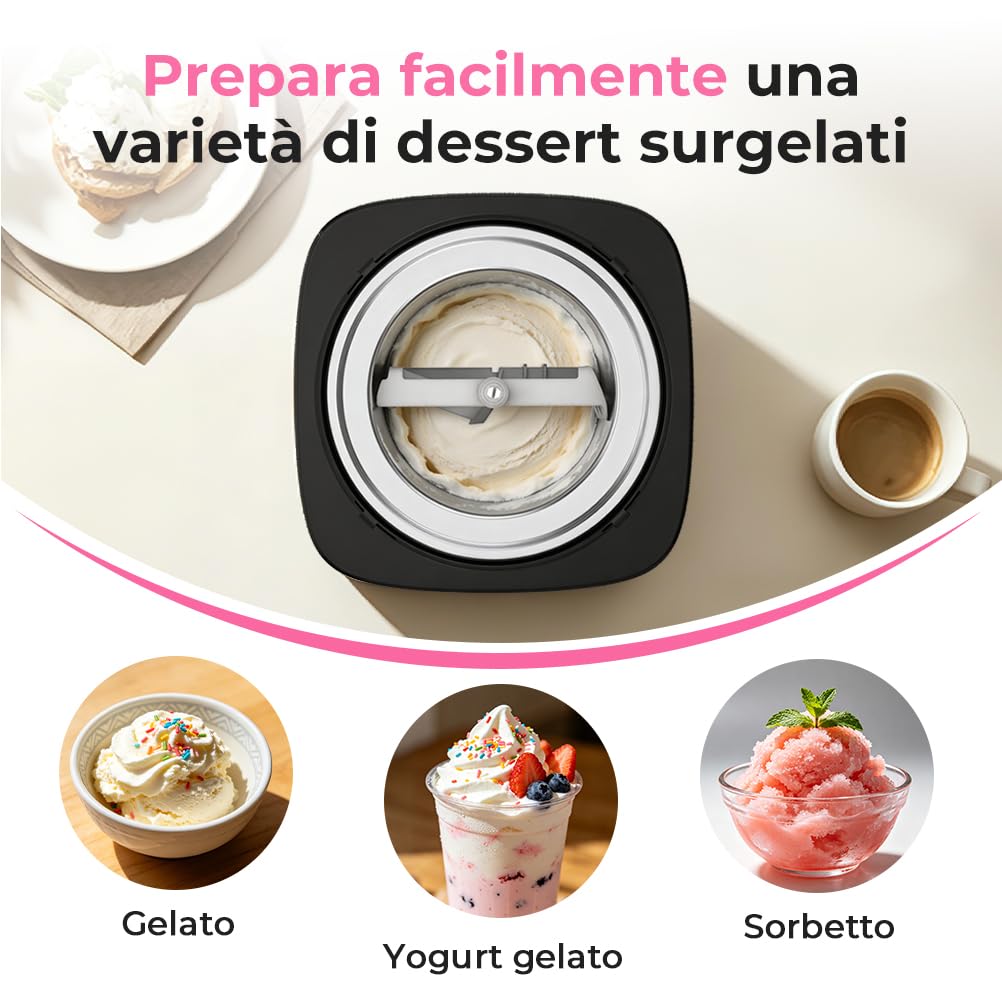 Gelatiera 2L Macchina Gelato Acciaio con Copertura Trasparente per la Visualizzazione, Paletta Gelato Speciale e Ricettario, per Fare il Gelato e lo Yogurt, Sorbetto