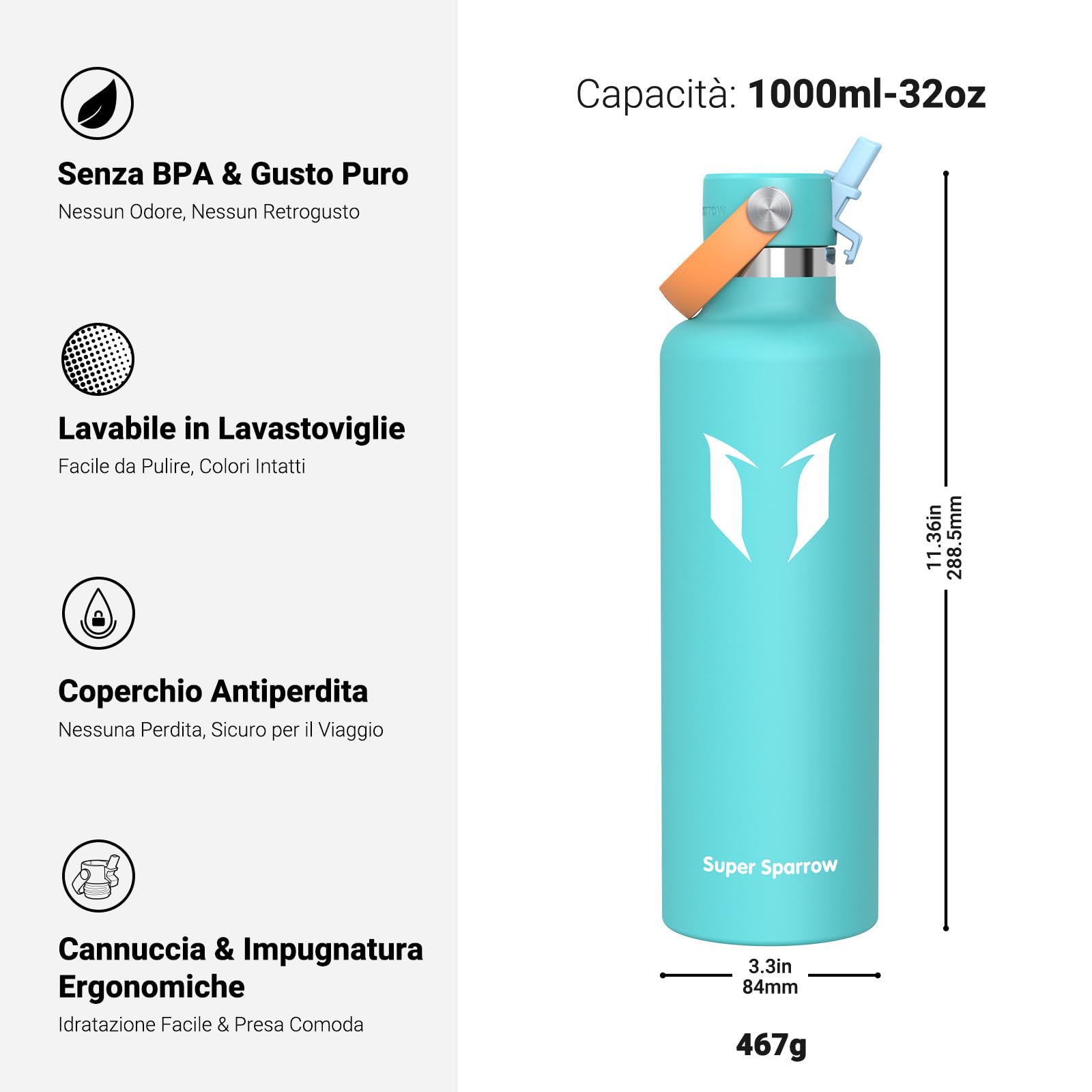 Super Sparrow Borraccia Termica, Acciaio Inox Bottiglia Termica - 350ml, 500ml, 750ml, 1L - Senza BPA Borracce, Borraccia Bambini per Scuola, Sport, Campeggio, Yoga, Palestra, Ciclismo