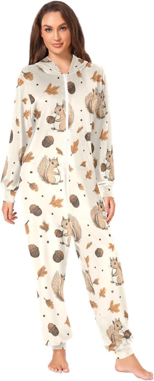 ZZKKO Cute Squirrel Pinecone Adult Onesie Pajamas for Women Men Cozy One Piece Pajamas Costume Zip-Up Hooded S-XL