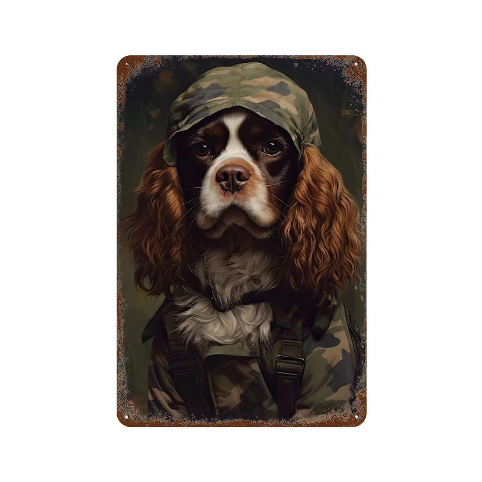Garage Style Cavalier Dog Camo Jacket Distressed Metal Wall Sign 11.8"x7.9", Retro Wall Decor for Bar And Workshop