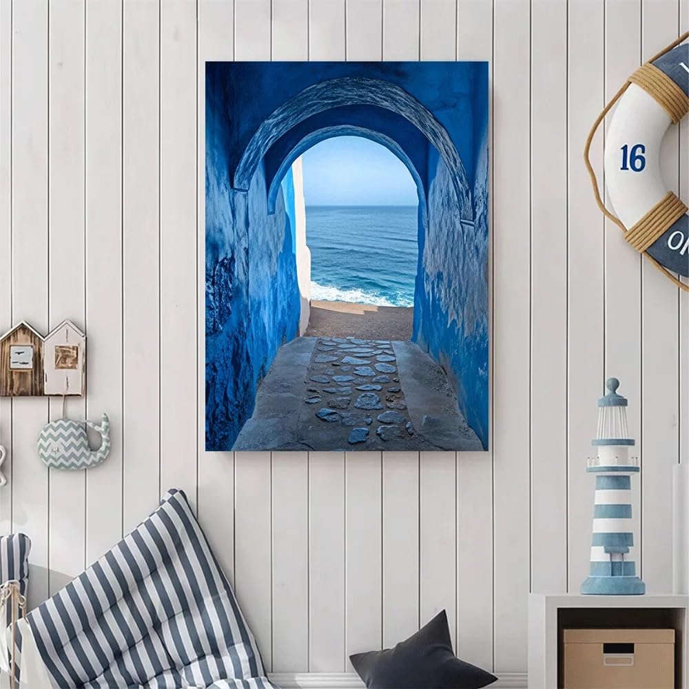 GOSRD Canvas Poster Blue Archway Coastal View Mediterranean Sea Pathway Art Print Summer(60x90cm)