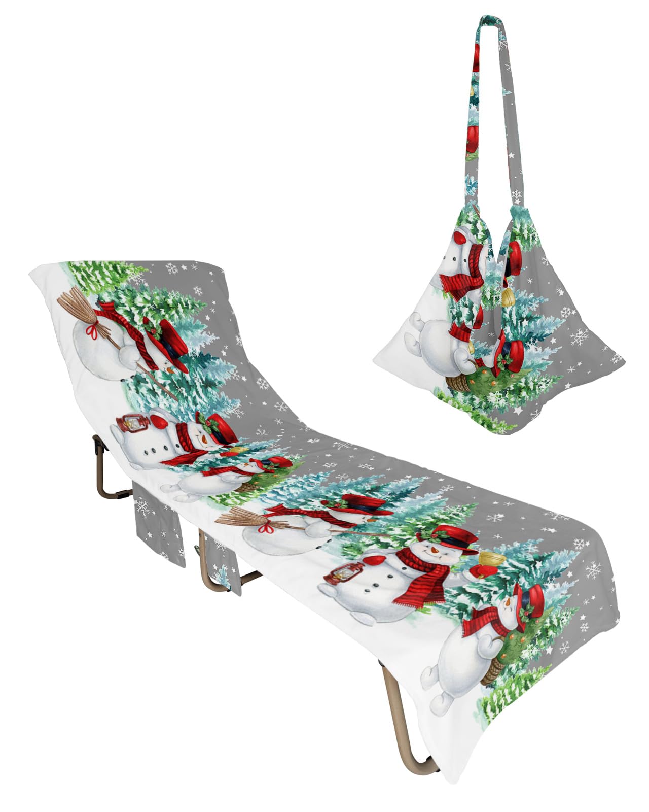Grey Snowman Christmas Beach Lounge Chair Towel Cover, Soft Chaise Lounge Towel with Side Pockets Patio Pool Chairs Cover for Beach/Pool Sunbathing 29x85 Teal Xmas Tree Winter Snowflake