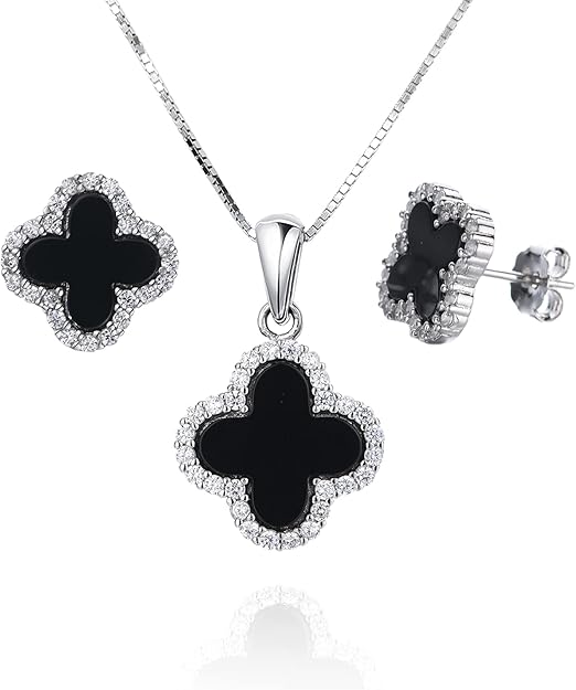 18k White Gold Plated 925 Sterling Silver Black Clover Necklace Pendant