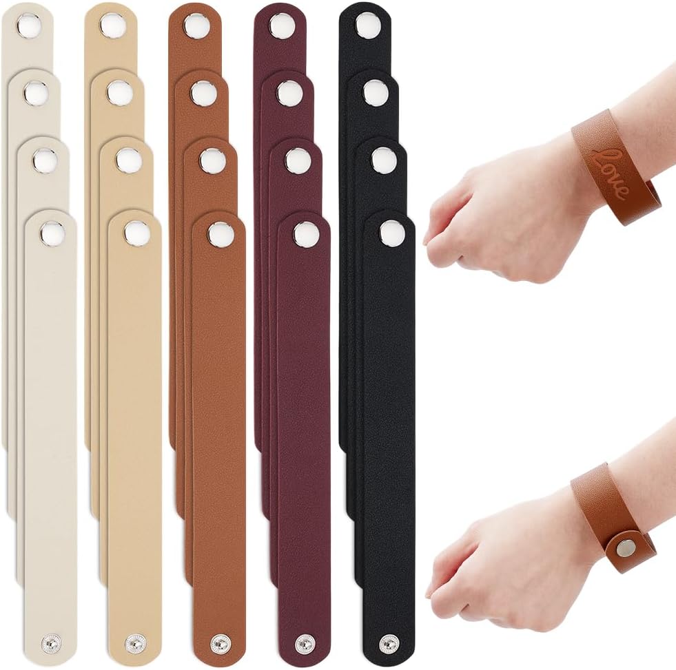 PH PandaHall 20pcs 5 Colors PU Leather Bracelets, 8-3/4 x 1 inch Plain Leather Snap Bracelets Blank Wrist Leather Cuffs Leather Straps with Snaps for DIY Crafts Wristbands Men Women Jewelry Making
